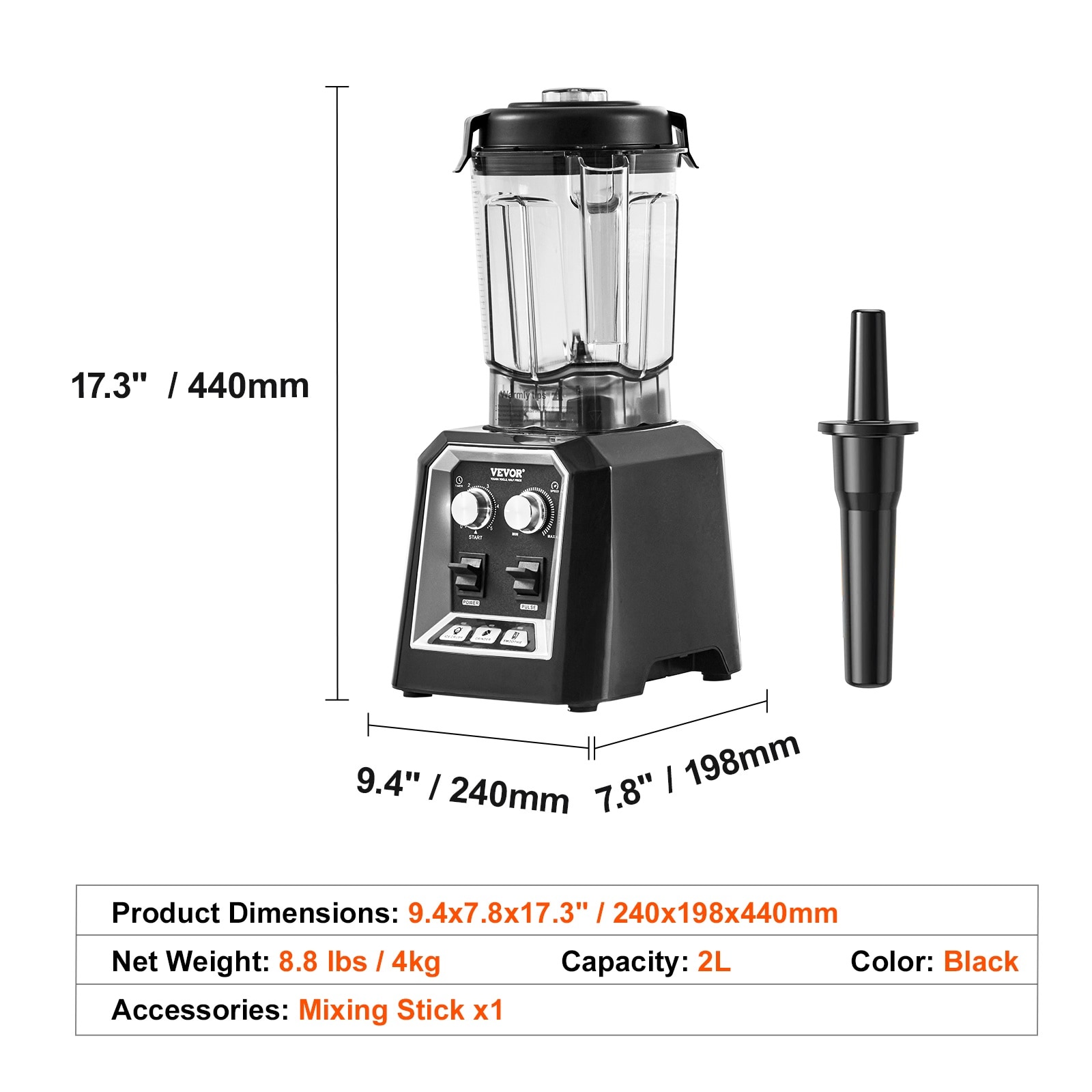 VEVOR Black Stainless Steel Commercial Countertop Blender with Variable Speed