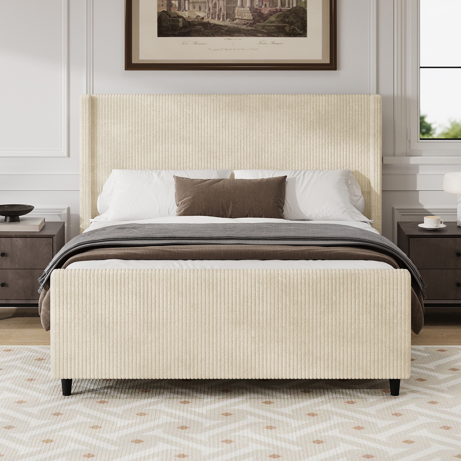 GZMR GM-W6307 Queen Cream Metal Bed Frame with Headboard