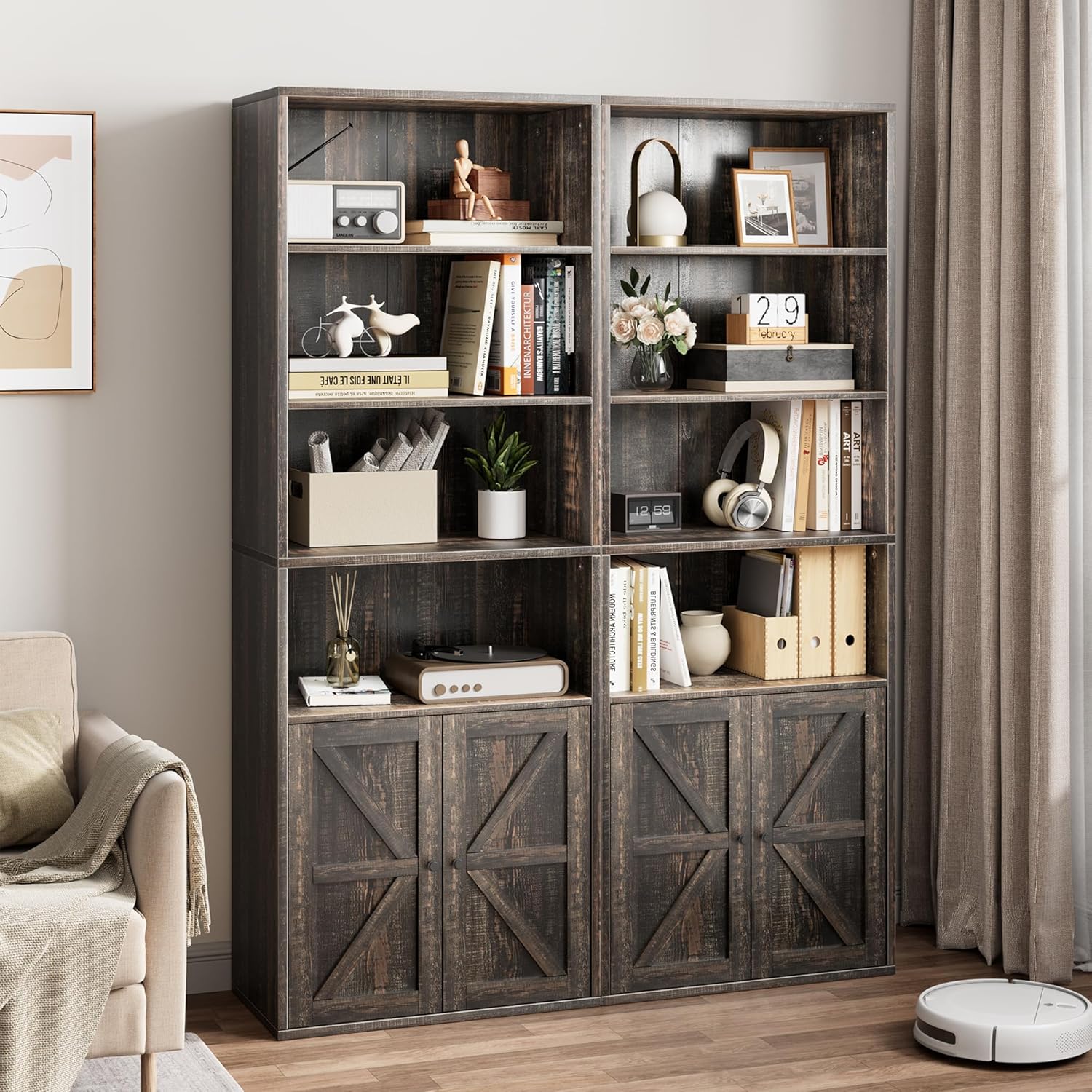 WhizMax Farmhouse Bookcase with Doors Deep Storage Cabinet and 4 Open ...