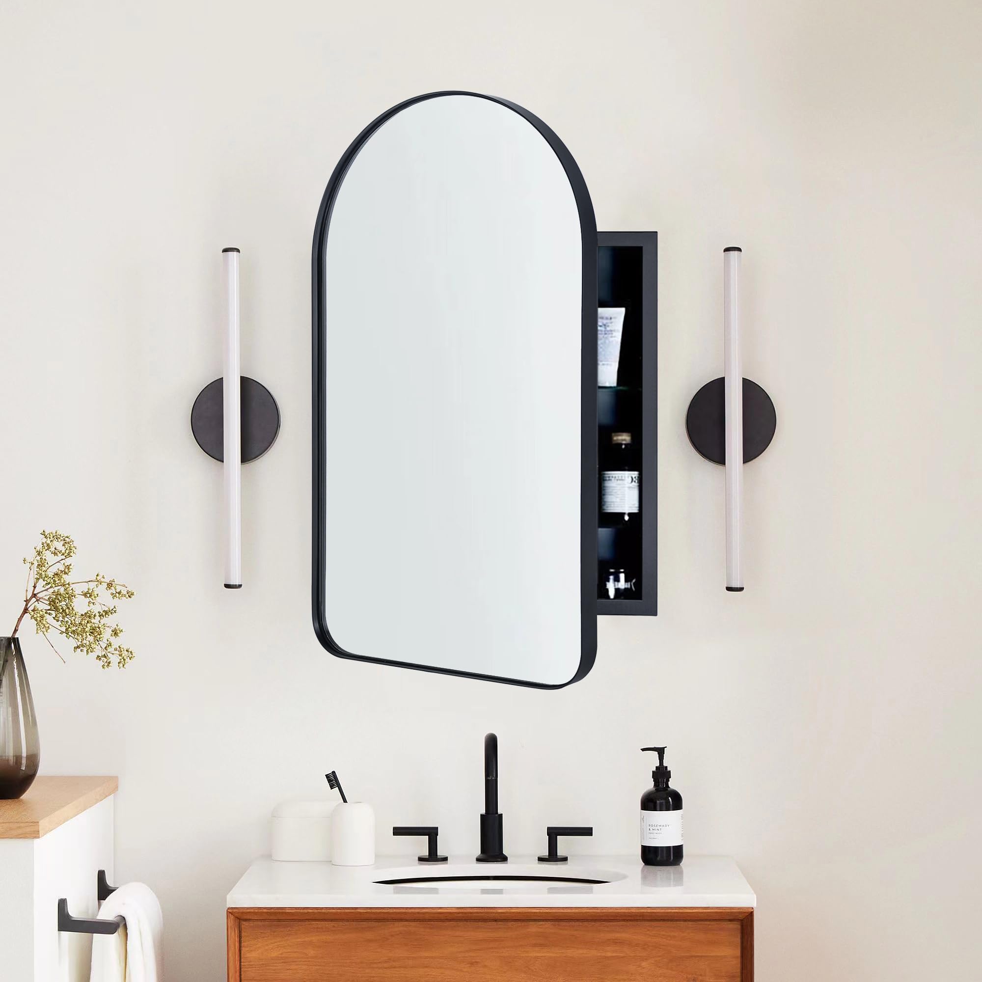TEHOME 20-in x 30-in Recessed Mount Matt Black Mirrored Arched Medicine Cabinet