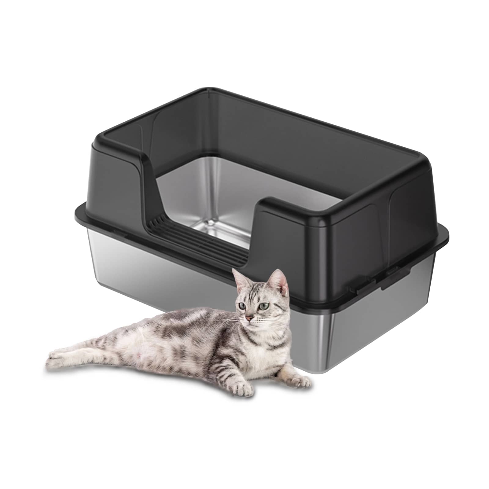 Qeetex NL-PPS-335C4DKN L Black 1 Set Stainless Steel Open Cat Litter Box with High Walls Anti Splash Deep Semi Enclosed Tray