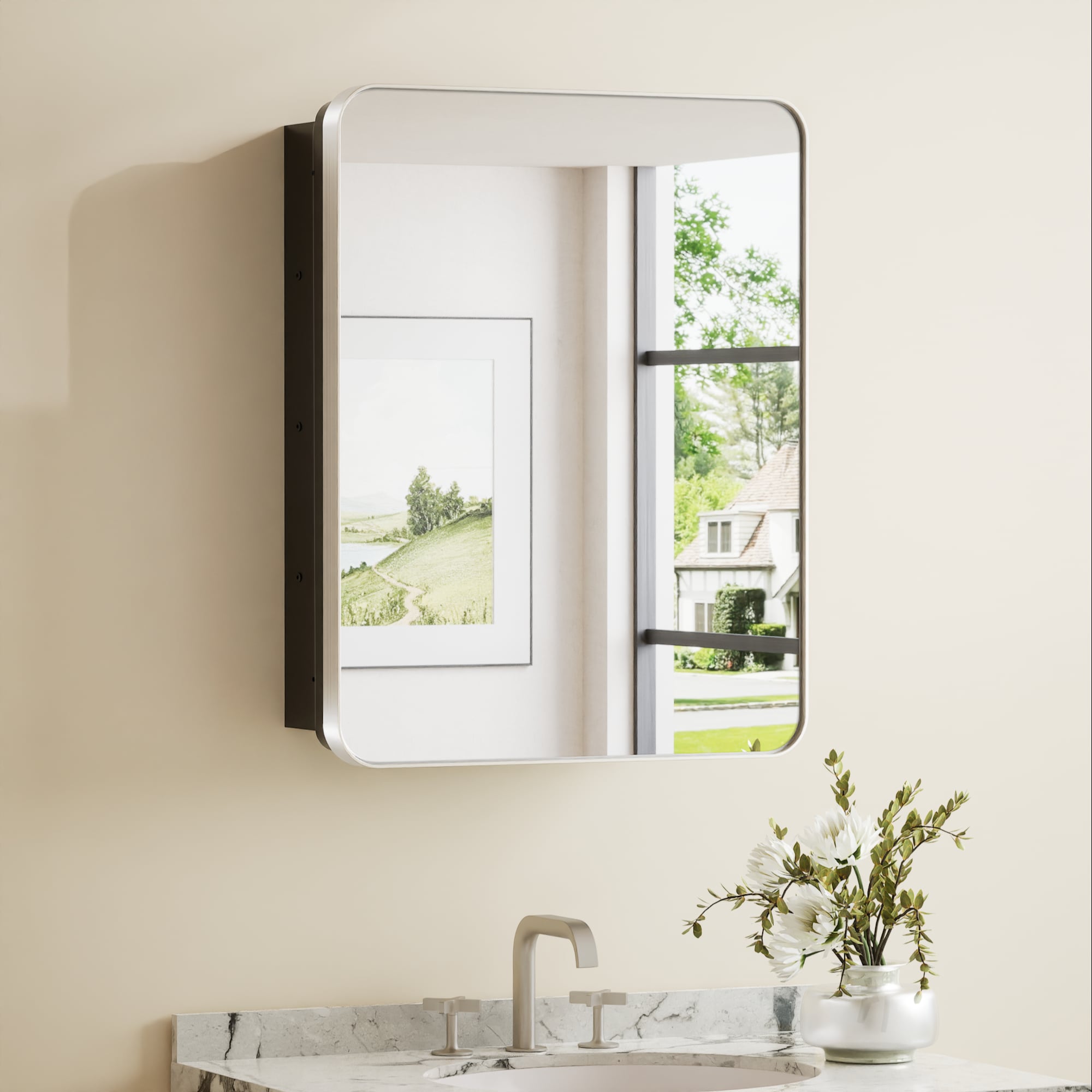 Keonjinn LW-JSKJG-YJ-5368BN 21-in x 27-in Surface/Recessed Mount Brushed Nickel Mirrored Rectangle Soft Close Medicine Cabinet