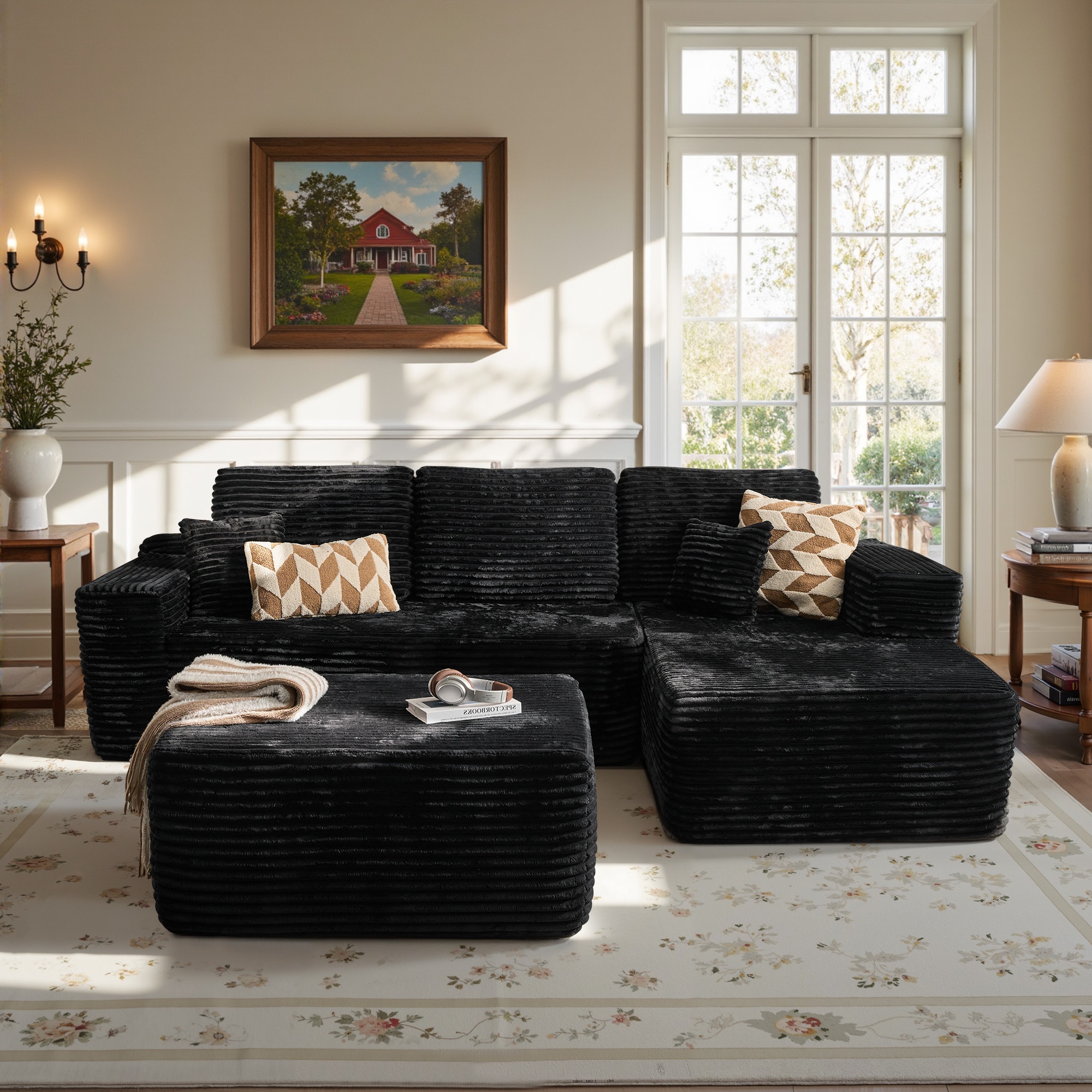 Ovios 106.3-in W Modern Black(Plush Corduroy)-Right Chaise 3-seater Sectional