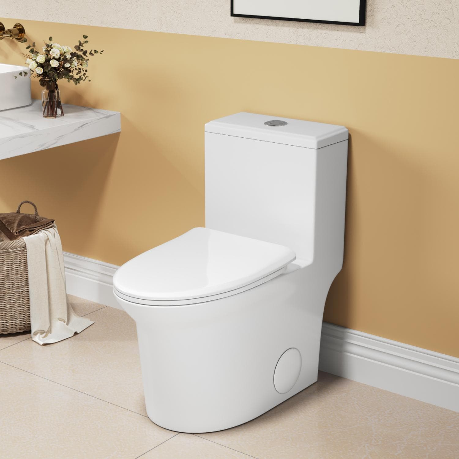 CKKLL White Ceramic One Piece Elongated Comfort Height Floor Mount Toilet Super Quiet Dual Flush 1.1 1.6 GPF WaterSense CUPC Certified Skirted Concealed Trapway Complete Installation Hardware