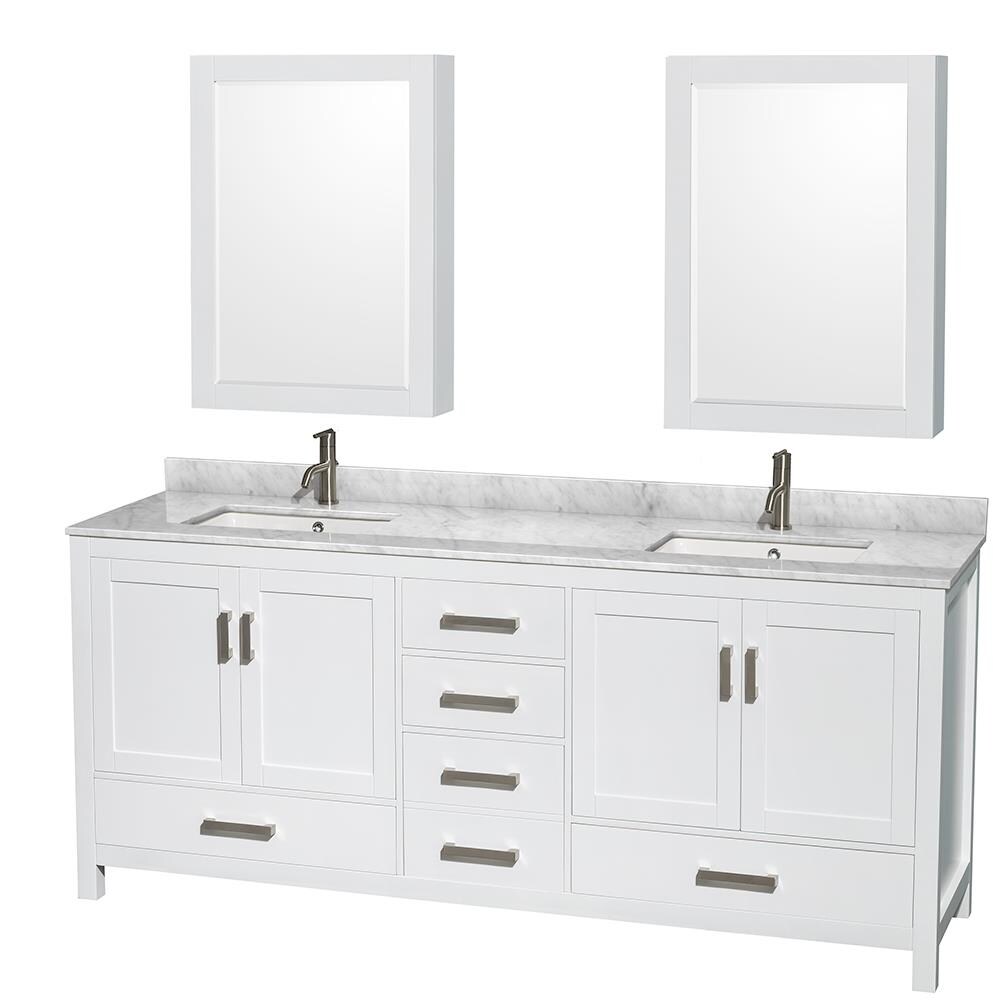 Wyndham Collection WCS141480DWHCMUNSMED Sheffield 80-in White with Brushed Chrome Trim Undermount Double Sink Bathroom Vanity with White Carrara Marble Natural Marble Top (Mirror Included)