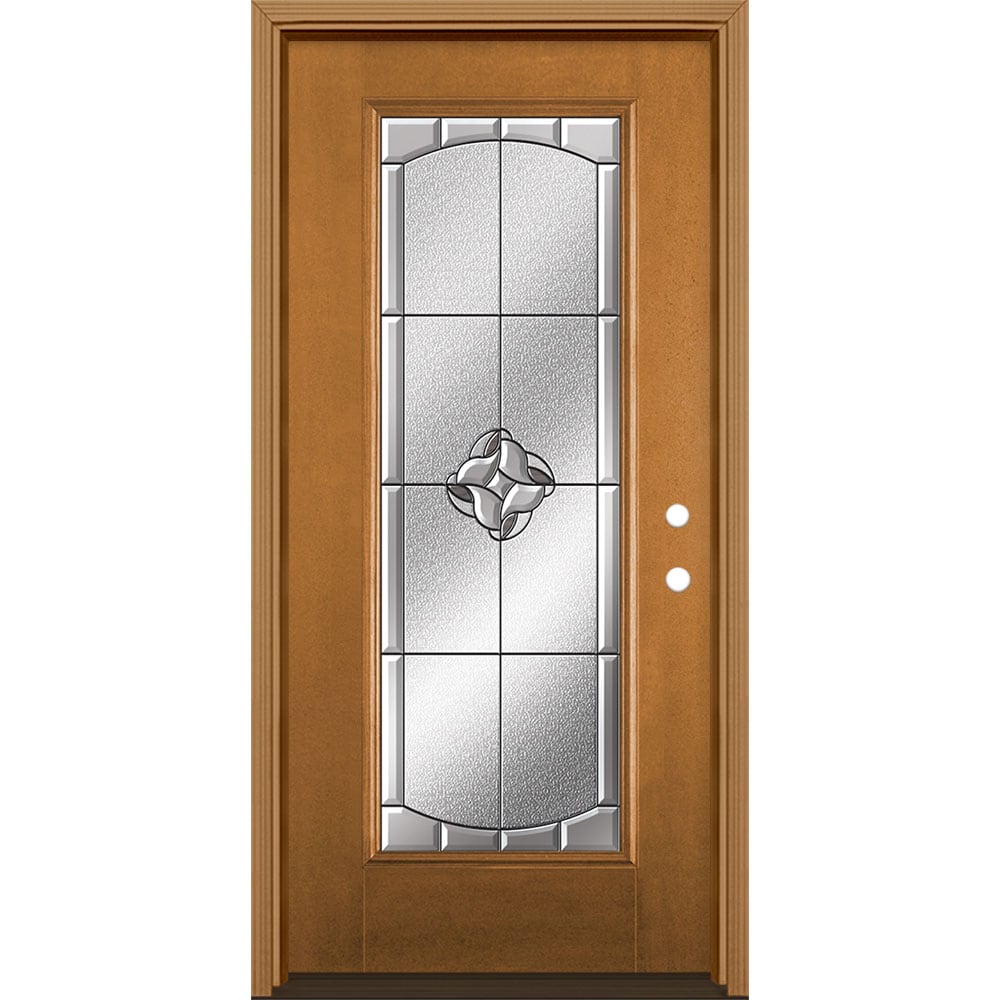 Masonite 3422969 Rozet 36-in x 80-in x 4-9/16-in Fiberglass Full lite Left-hand inswing Oakcrest Stained Prehung Single door Front Door with Brickmould Insulating core Decorative glass