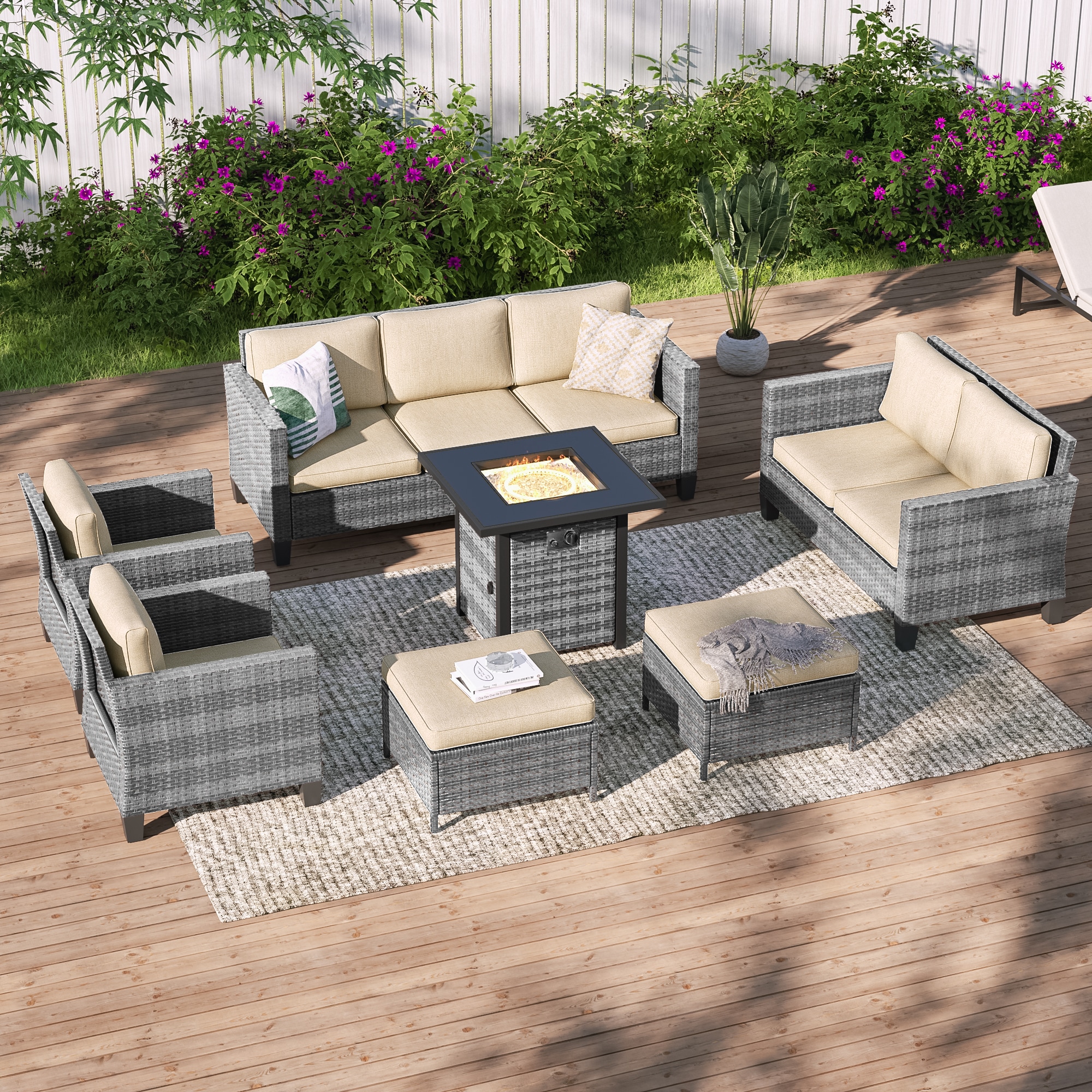 ACEGOSES LW-115HBG-S3T4 Skytop 7 -Piece Wicker Patio Sofa Conversation Set with Cream Cushions