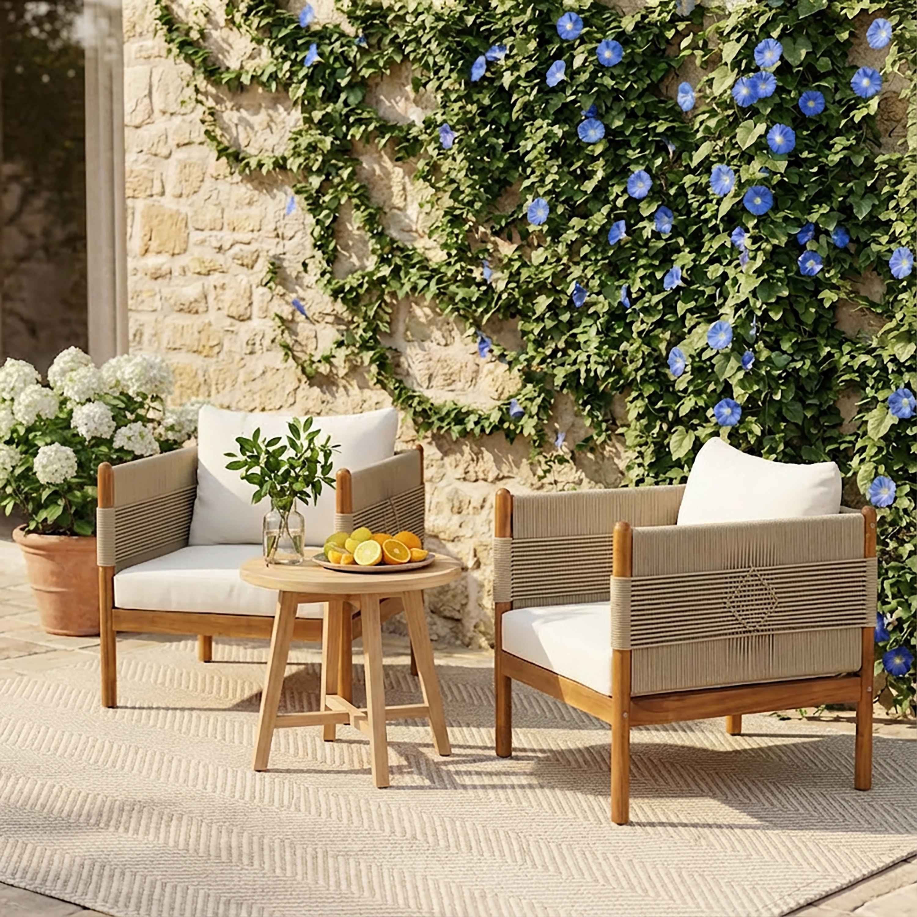 Christopher Knight Home Outdoor Patio Acacia Wood Club Chair 29.72-in with Handwoven Rope Panels and Cushions - Beige+Cream+Teak finish (Set of 2)
