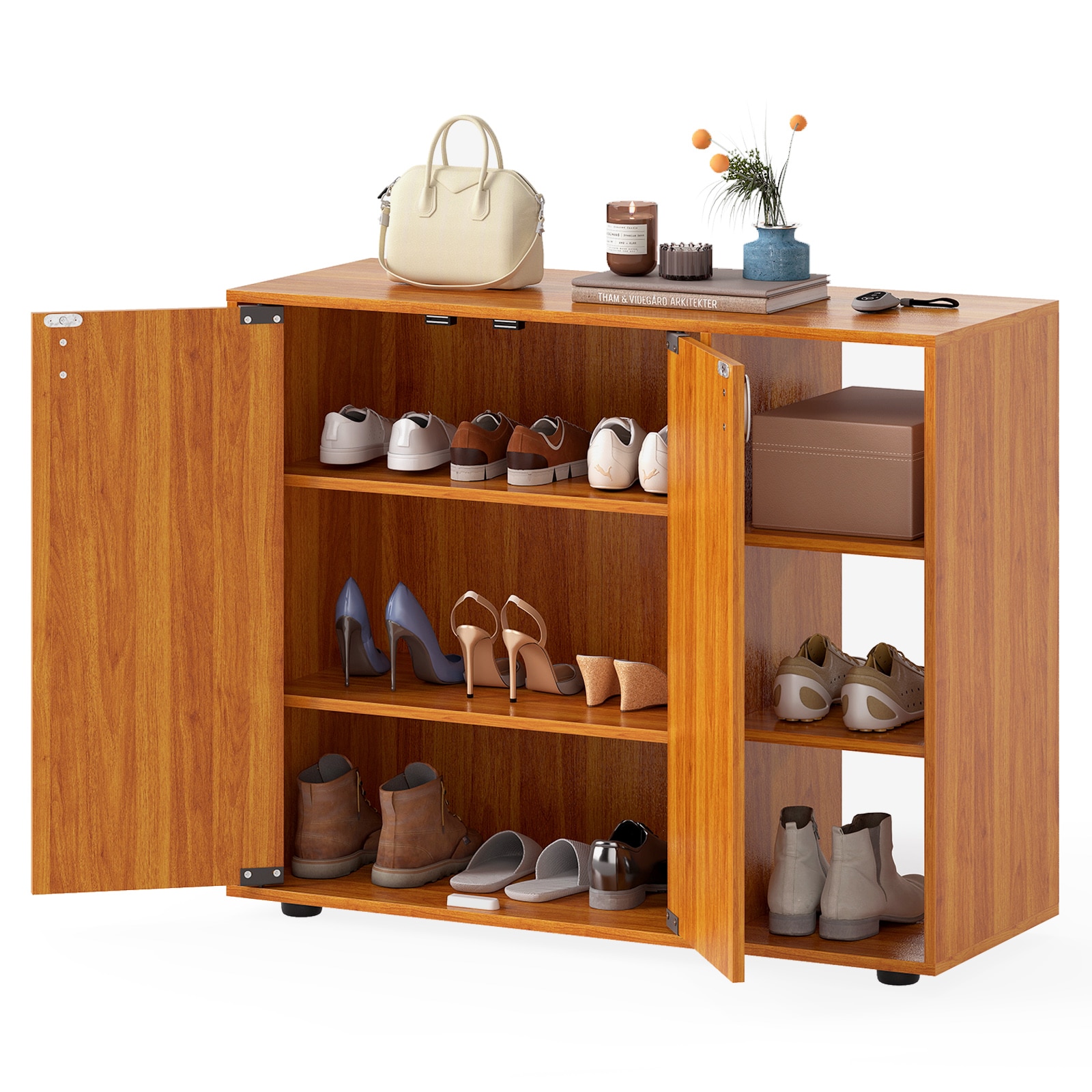 Volenca 3-Tier Shoe Cabinet with 2 Doors Adjustable Open Shelves and Countertop Entryway Organizer 90-lb