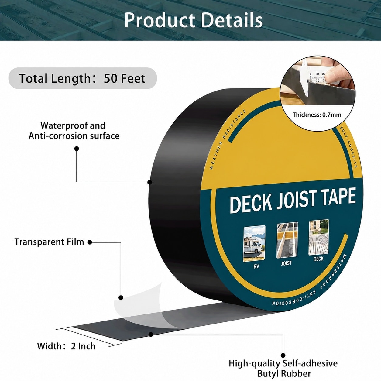 Etokfoks  2x50 ft Butyl Joist Tape Flashing 8 Rolls 400 ft Total Weather Resistant Waterproof Self Adhesive for Decks Roofs