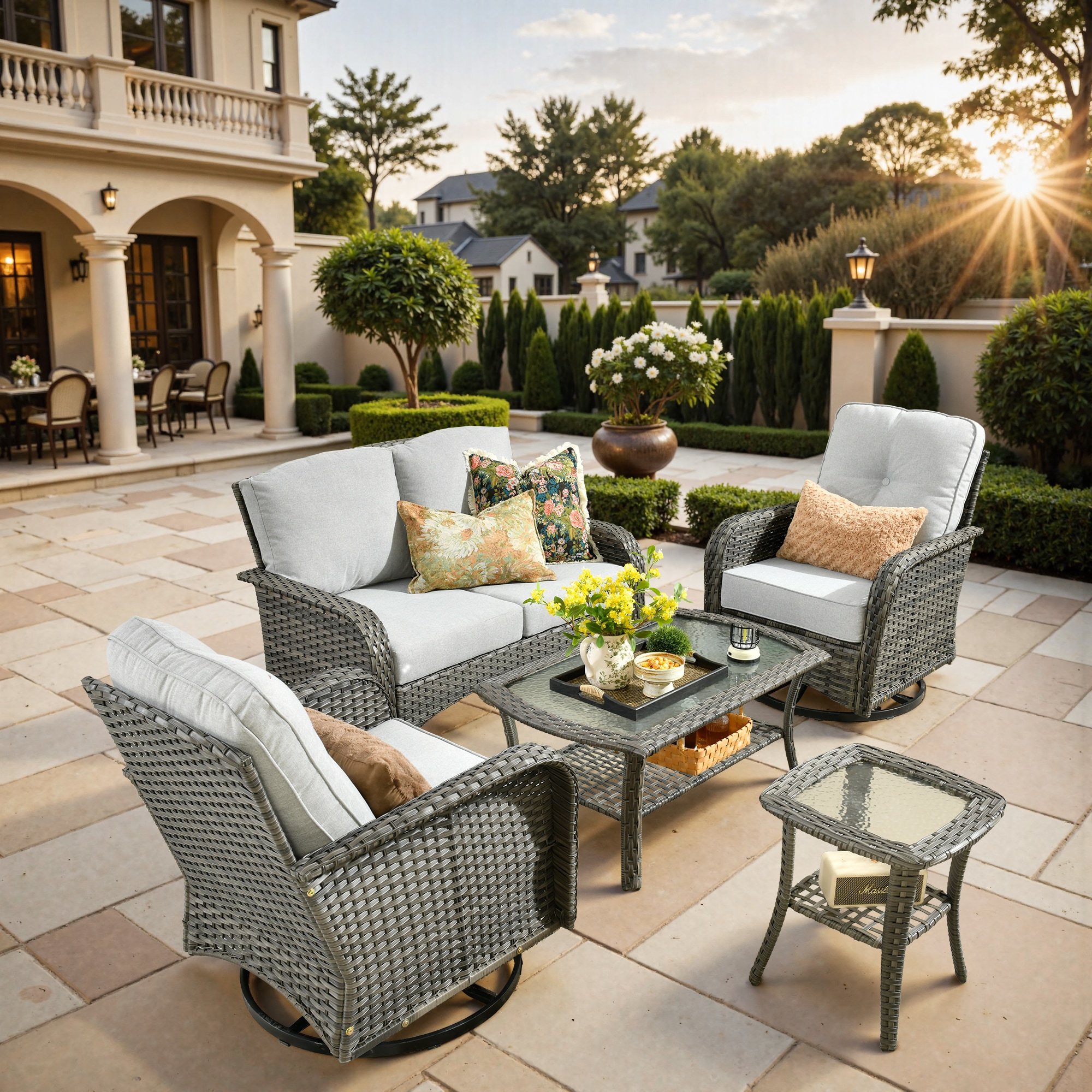 weaxty HMBYZGNCGNDS400S51 Initial 5 -Piece Wicker Patio Conversation Set with Gray Cushions