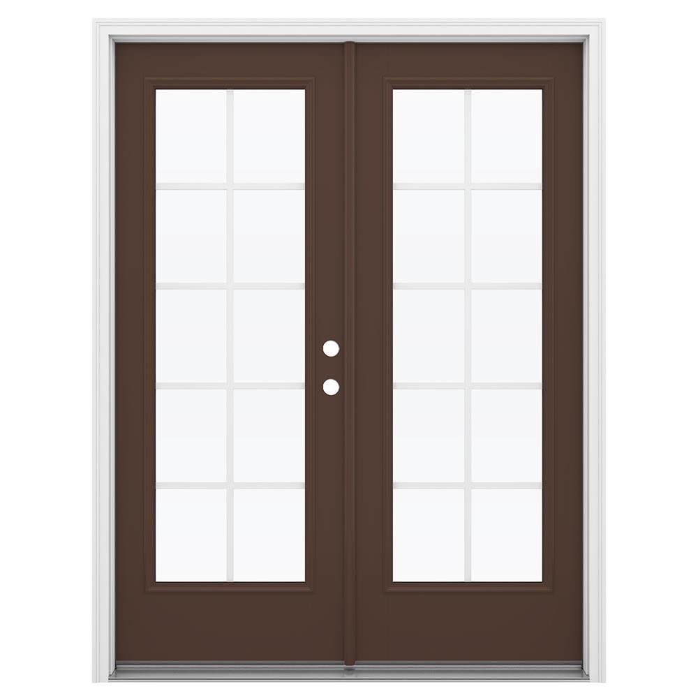 JELD-WEN LOWOLJW182300127 F-3500 60-in x 80-in x 4-9/16-in Jamb Low-E Grilles between the glass , Dark Chocolate Fiberglass Left-hand inswing French Double Patio Door Brickmould Included