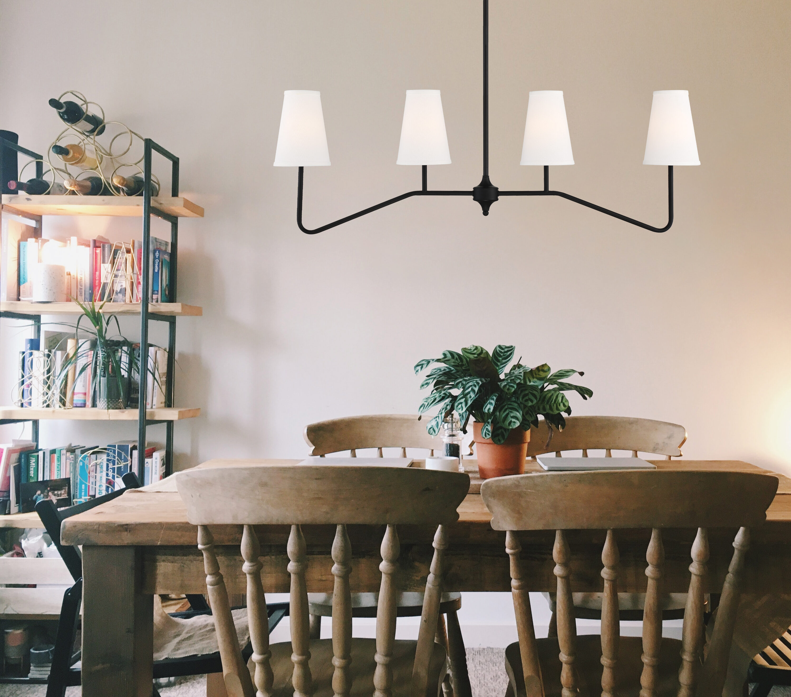 Matte Black 4-Light Linear Pendant Chandelier with White Shades