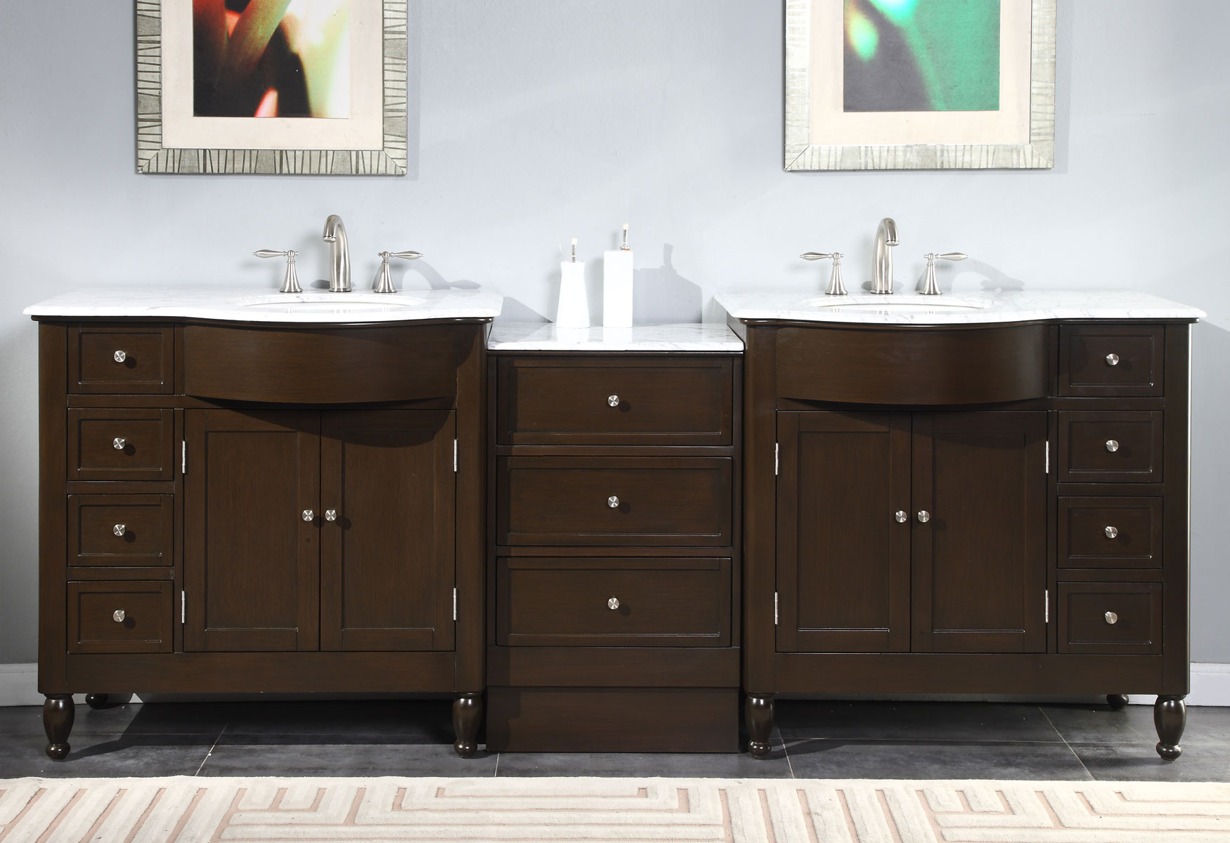 Silkroad Exclusive HYP-0902-WM-UWC-95 95-in Dark Walnut Undermount Double sink Bathroom Vanity with Carrara white Natural marble Top