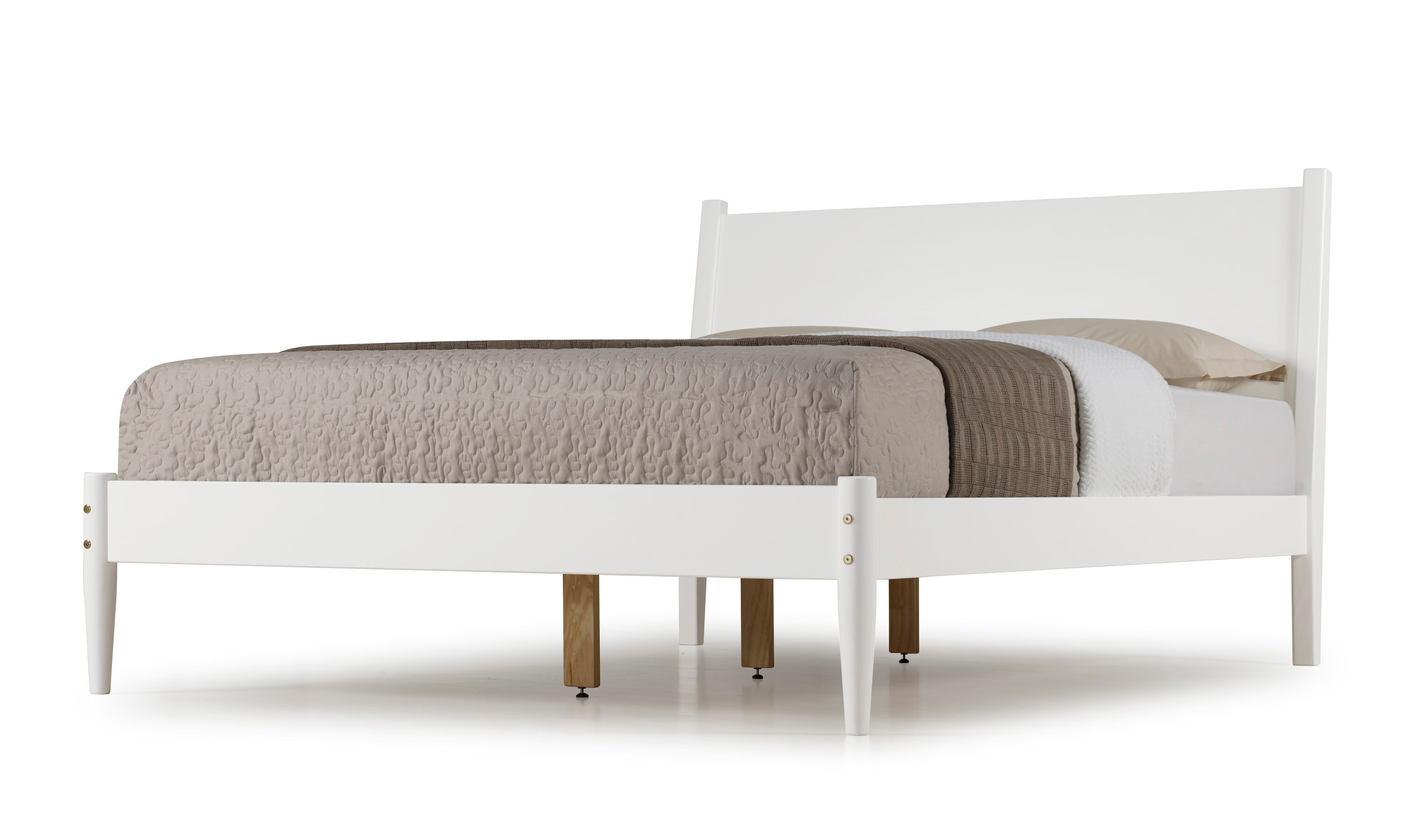 Elegant Pine Wood Queen Bed with Sleek Mid-Century Design in White