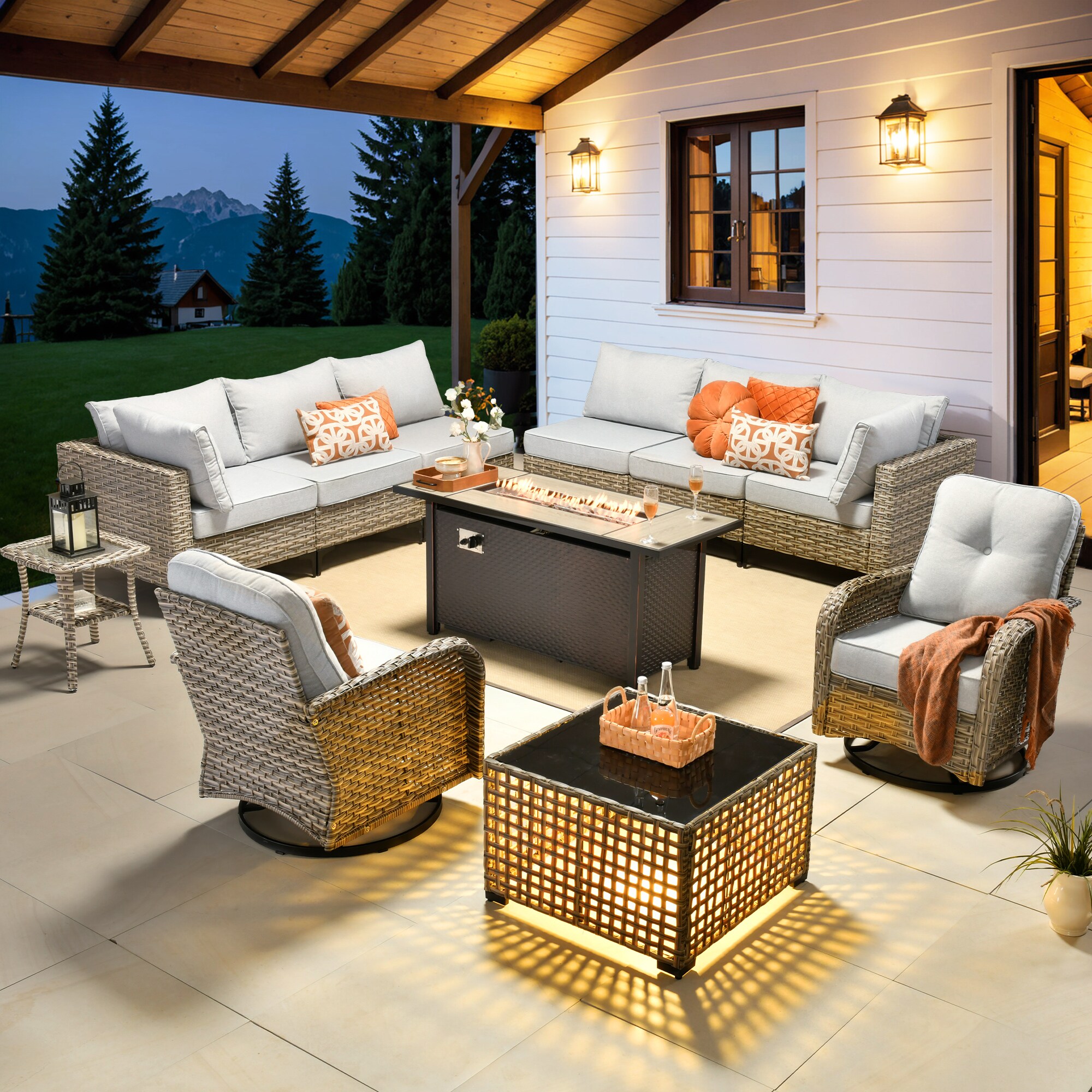 Ovios 11 -Piece Wicker Patio Conversation Set with Light Gray Cushions