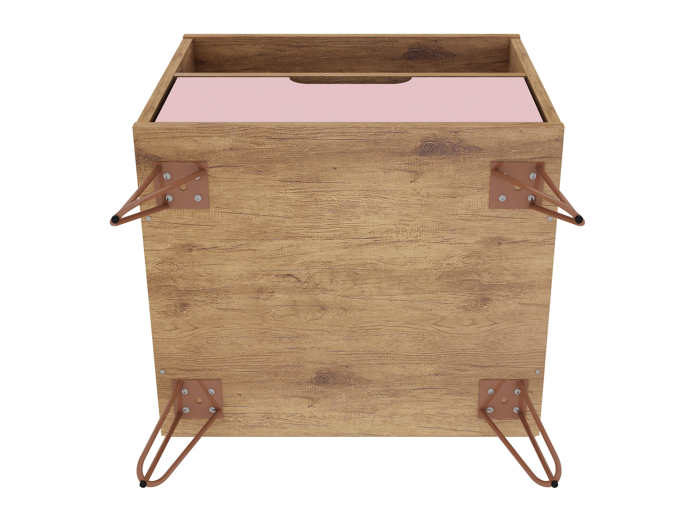 Mid-Century Rose Pink & Natural Nightstand with Metal Legs