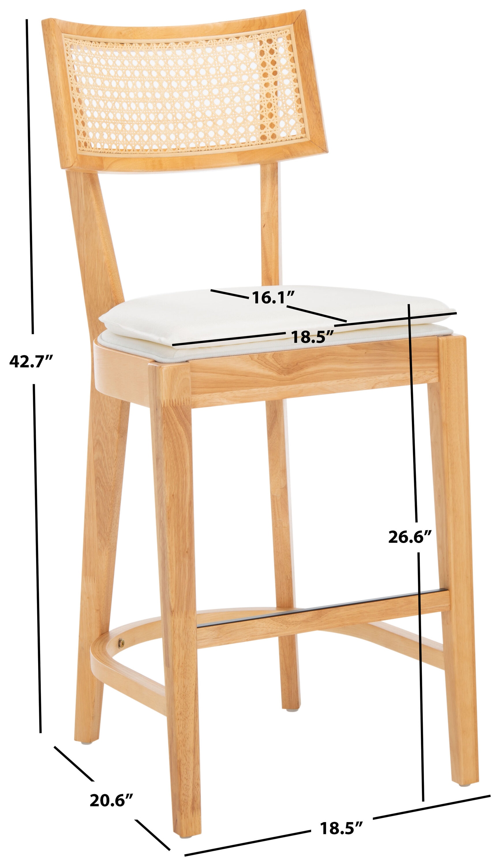 Natural Wood and Woven Cane Counter Stool with White Cushion