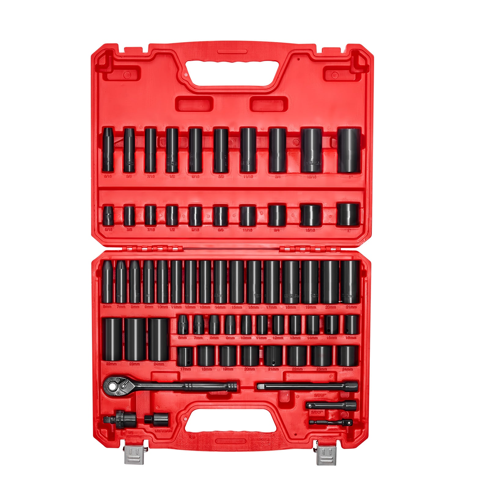 VEVOR 3/8 in Drive Impact Socket Set 64 Piece 6 Point Deep and Shallow Impact Sockets SAE (5/16 in to 1 in) and Metric (6 to 24 mm) Sizes with 3 in and 6 in Extension Bars Cr-V Steel Carrying Case