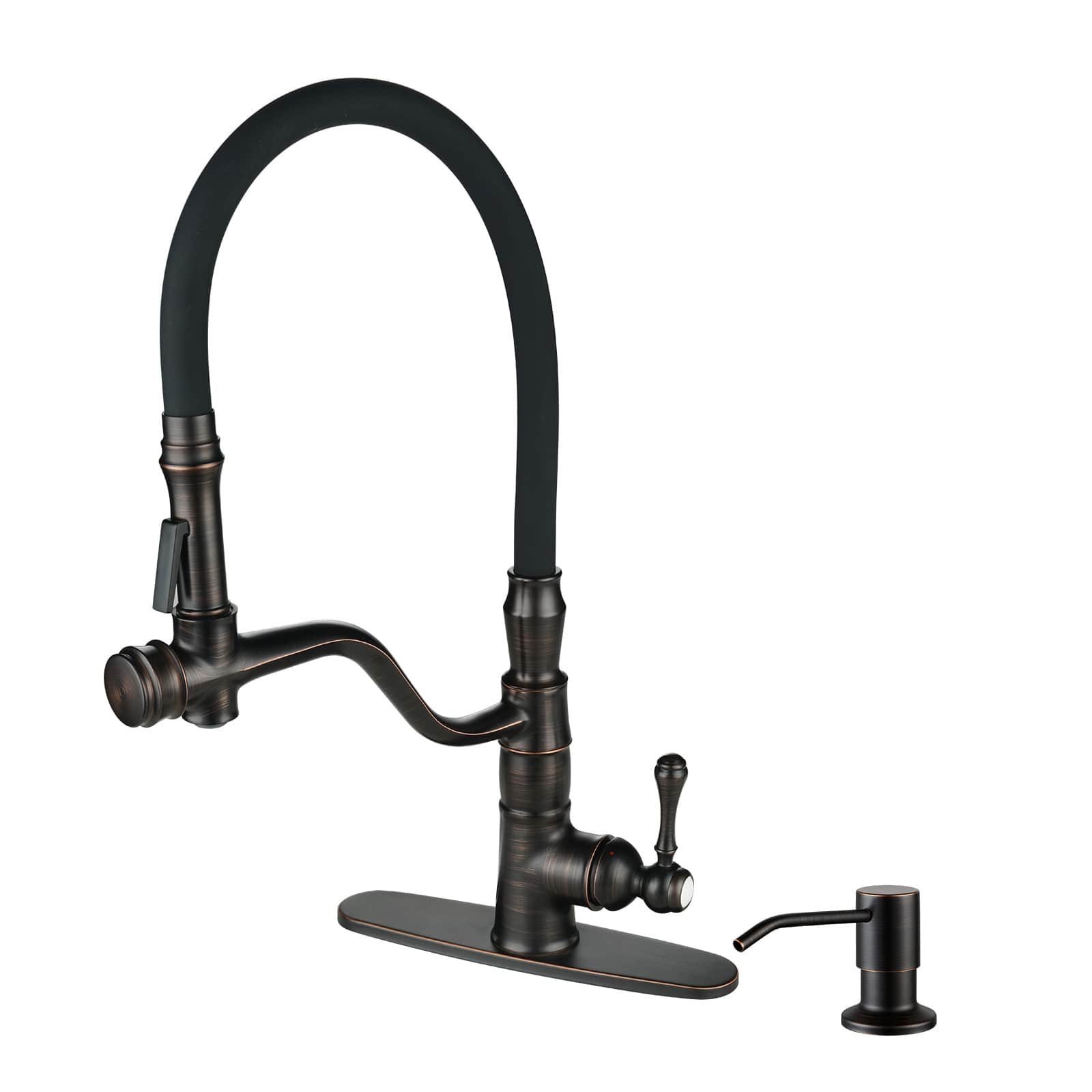 ALEASHA Single Handle Brass High Arc Pull Out Sprayer Kitchen Faucet with Deckplate and Soap Dispenser in Oil-rubbed Bronze