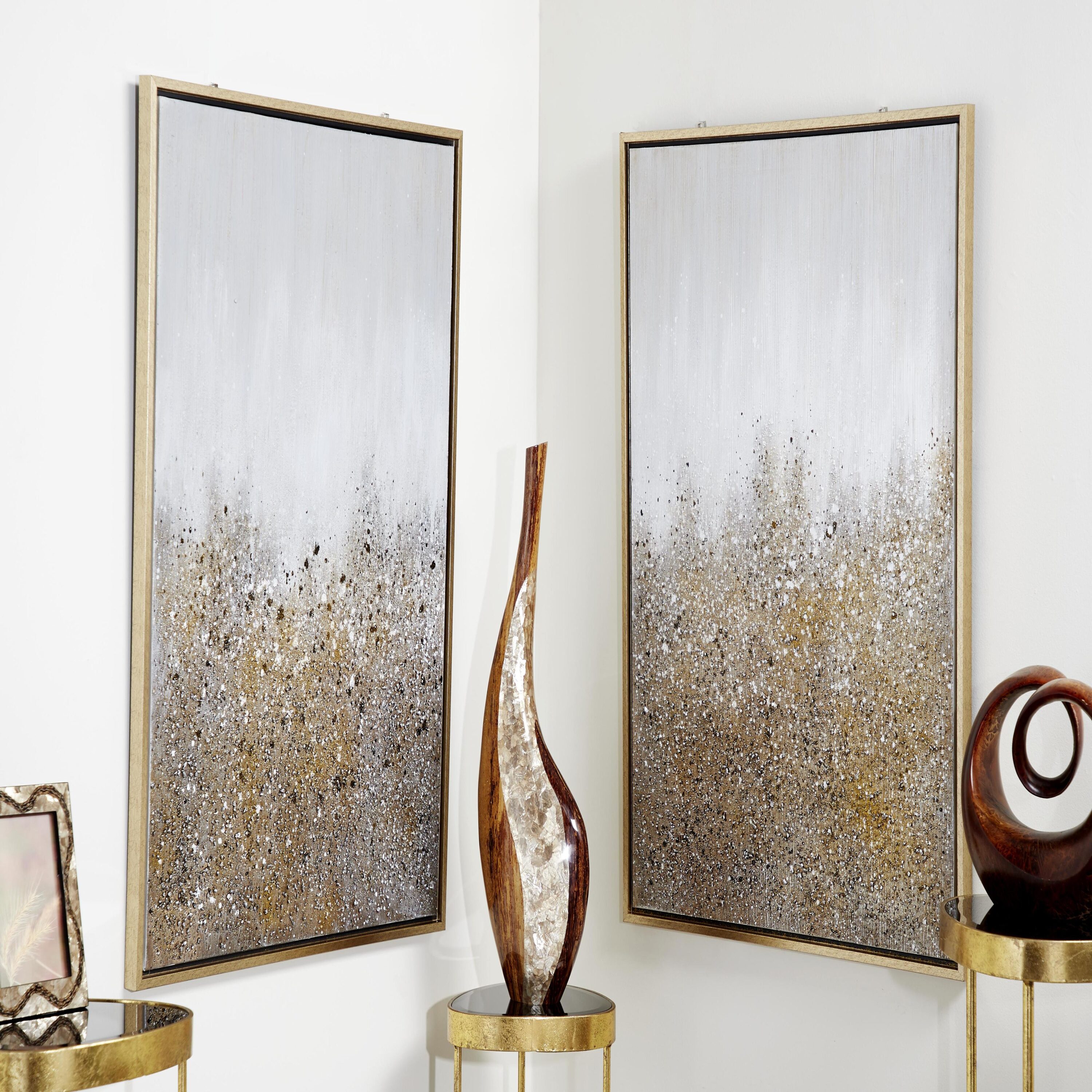 Gold and White Glitter Acrylic Abstract Framed Wall Art Set