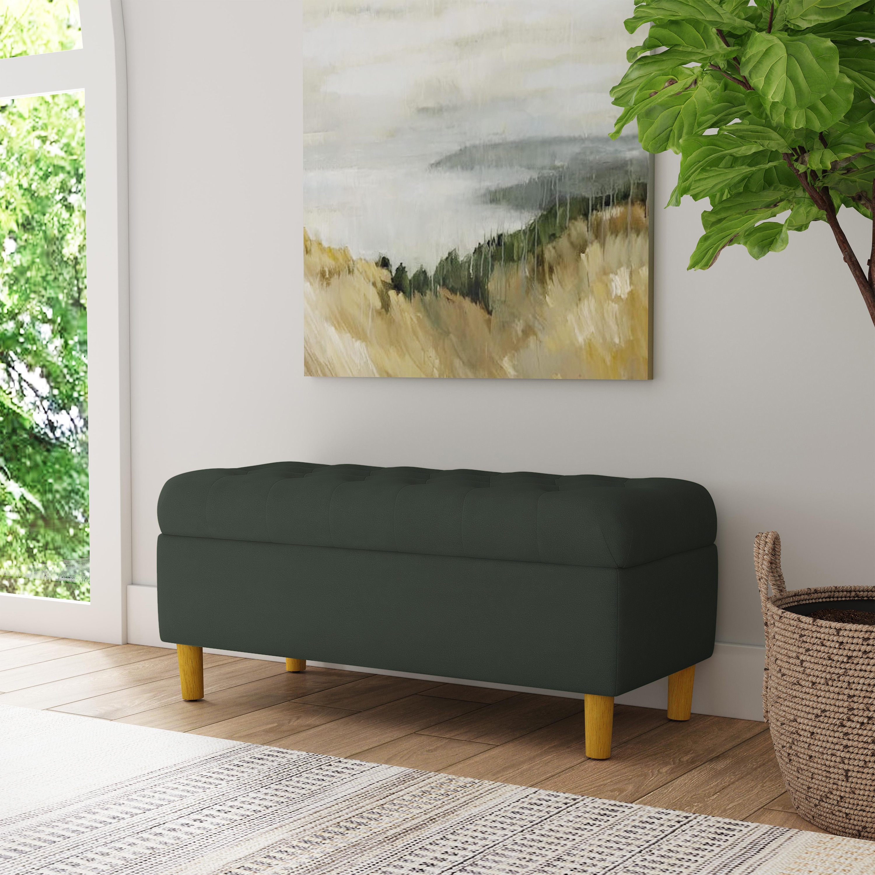 HomePop K8687-B311 Casual Loden Green Velvet Tufted Storage Bench with Storage 40-Inches x 18-Inches x 18-Inches