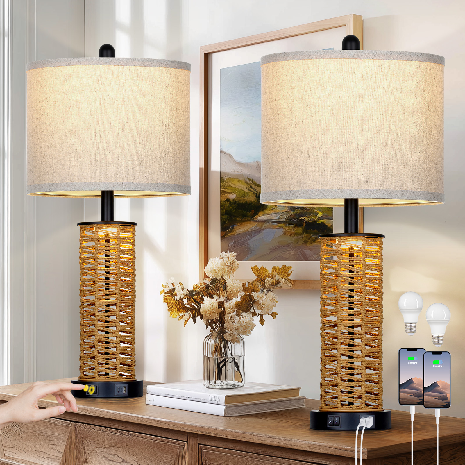 UrFurnishings Bohemiya 27-in Black LED On/Off switch Table Lamp with Linen Shade