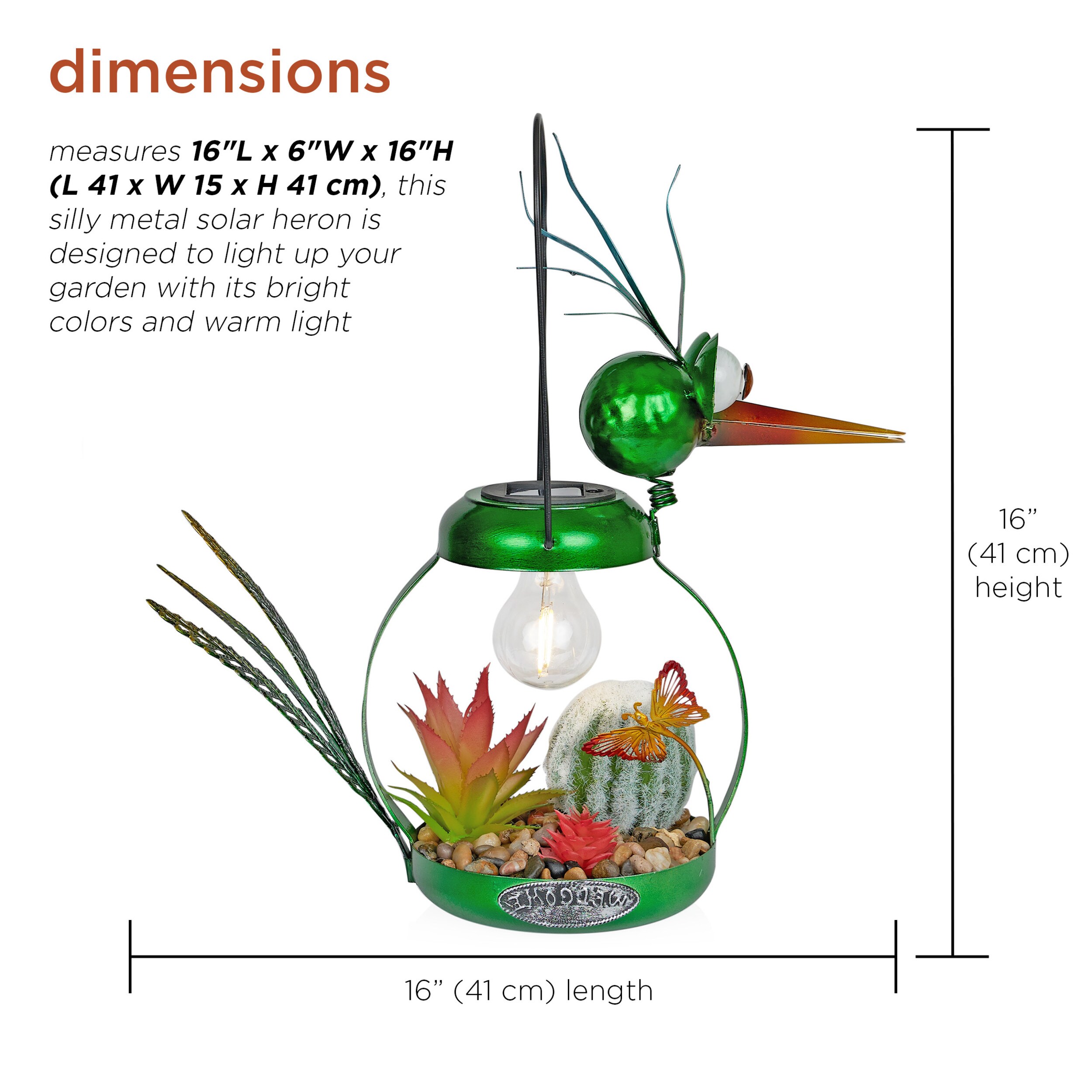 Whimsical Green Metal Heron with Solar LED Light