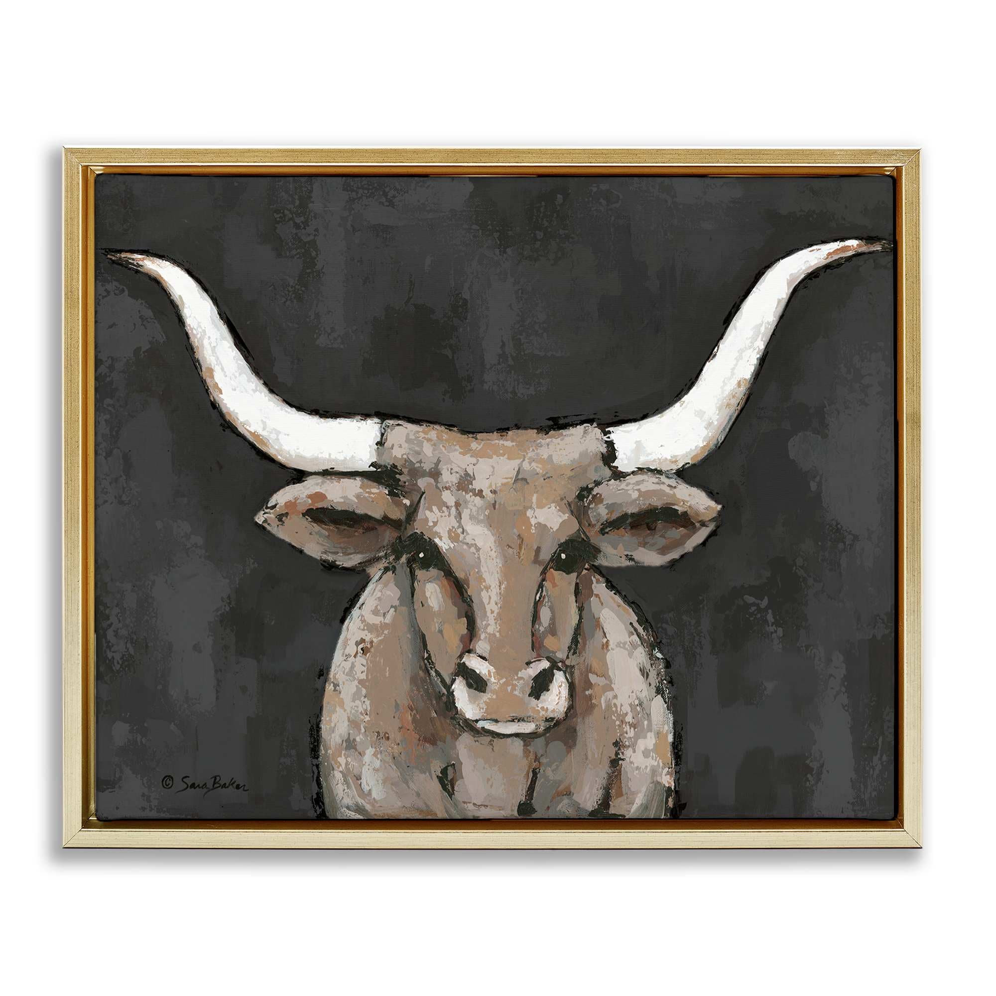 Stupell Industries BS-669-FFG-16X20 Longhorn on Murky Grey Gold Framed Floater Canvas Wall Art By Sara Baker 21 x 17