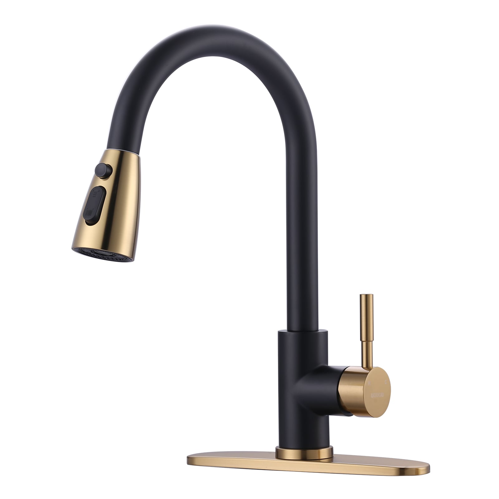 WOWOW 2310301GB-LW pull down kitchen faucet Black Gold Single Handle Deck-mount Pull-down Kitchen Faucet with Sprayer ( Deck Plate Included )