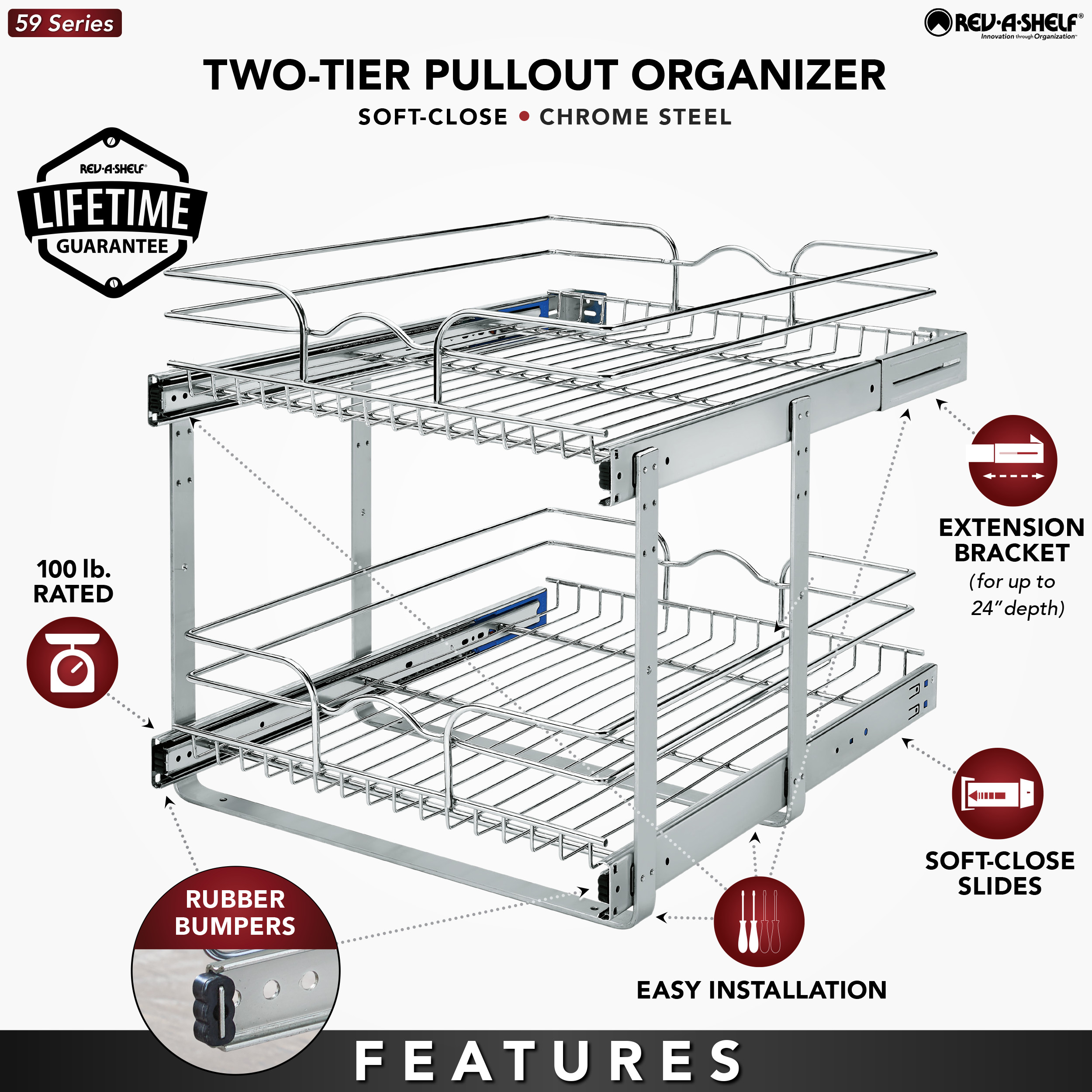 Rev-A-Shelf 17.75-in W x 19-in H 2-Tier Pull Out Metal Soft Close Baskets & Organizers