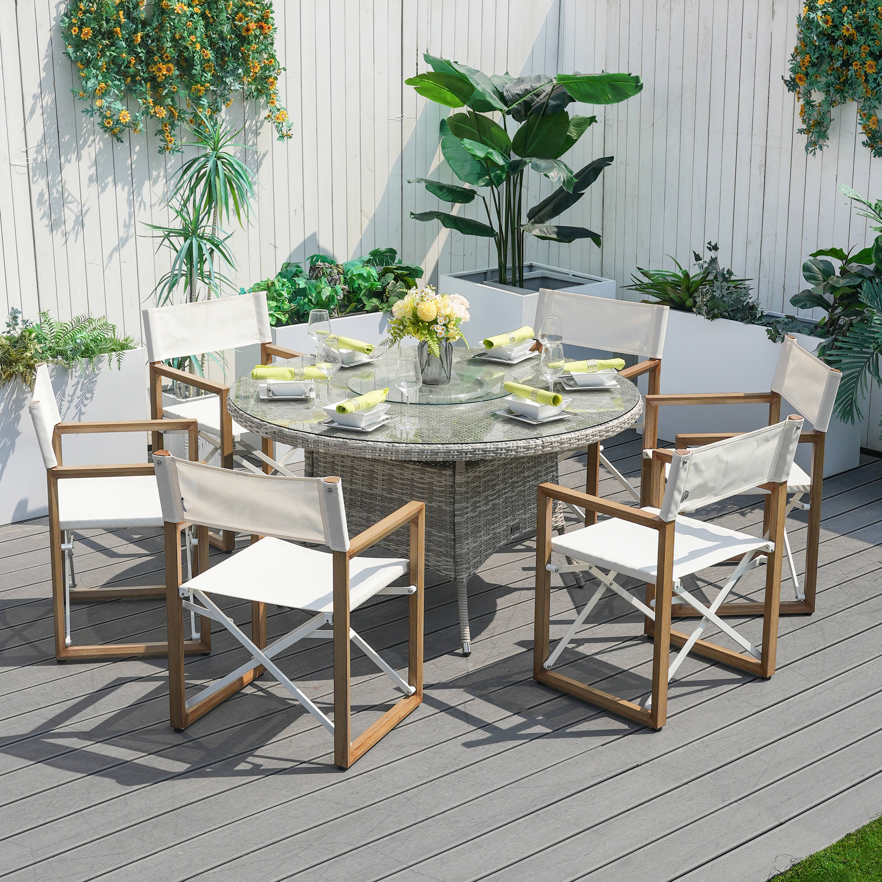 Direct Wicker DWD-1711G&62508 7 -Piece white Wicker Patio Dining Set Aluminum Round Table with 6 White Stationary Chairs
