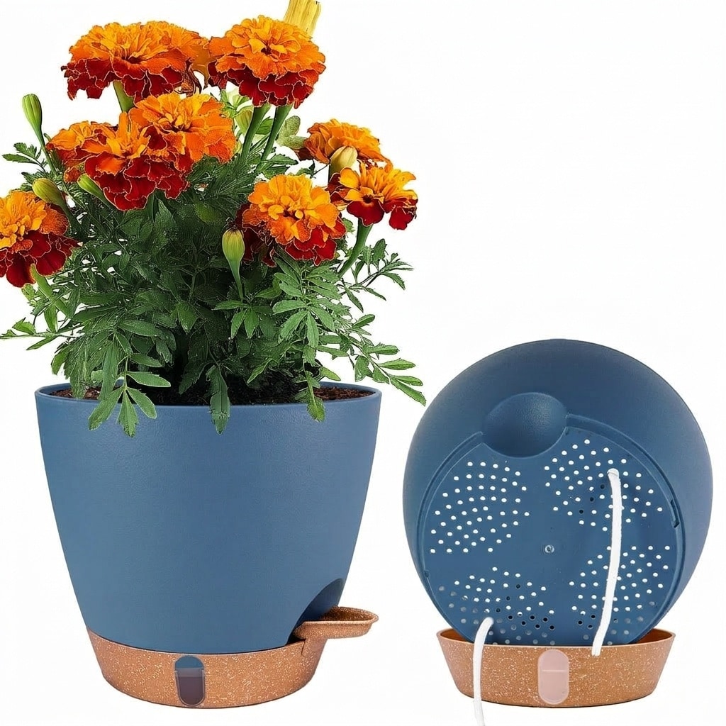 ITOPFOX 2 pack 8 inch plastic self watering plant pots with drainage holes deep reservoir water level indicator detachable tray for indoor #L05IT09061