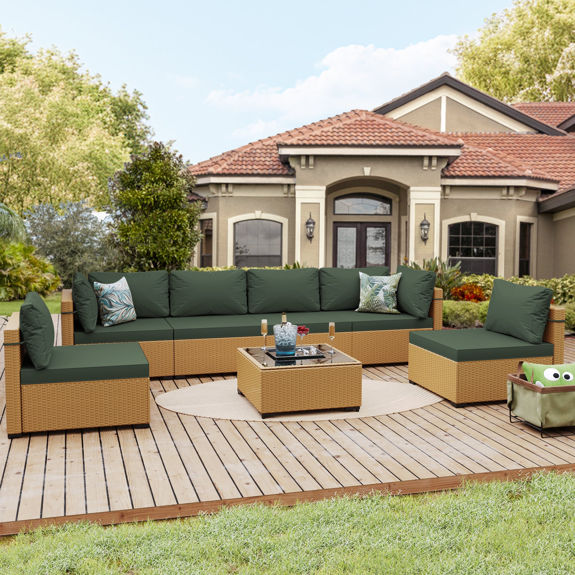 UPHA TBBE-ABC-TUGREEN 7 -Piece Wicker Patio Conversation Set with Green Cushions