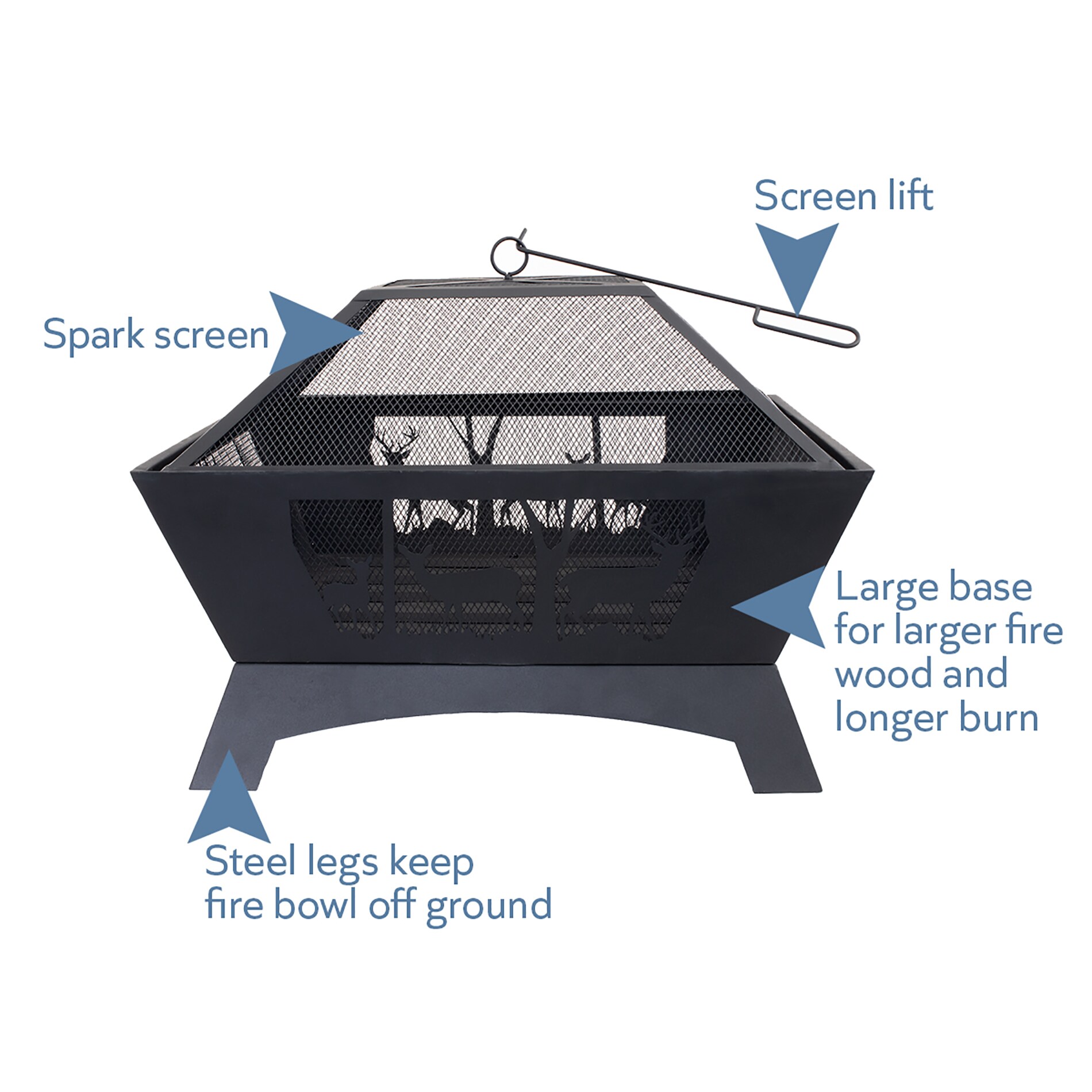 Black Steel 28" Square Wood-Burning Fire Pit with Decorative Cutouts