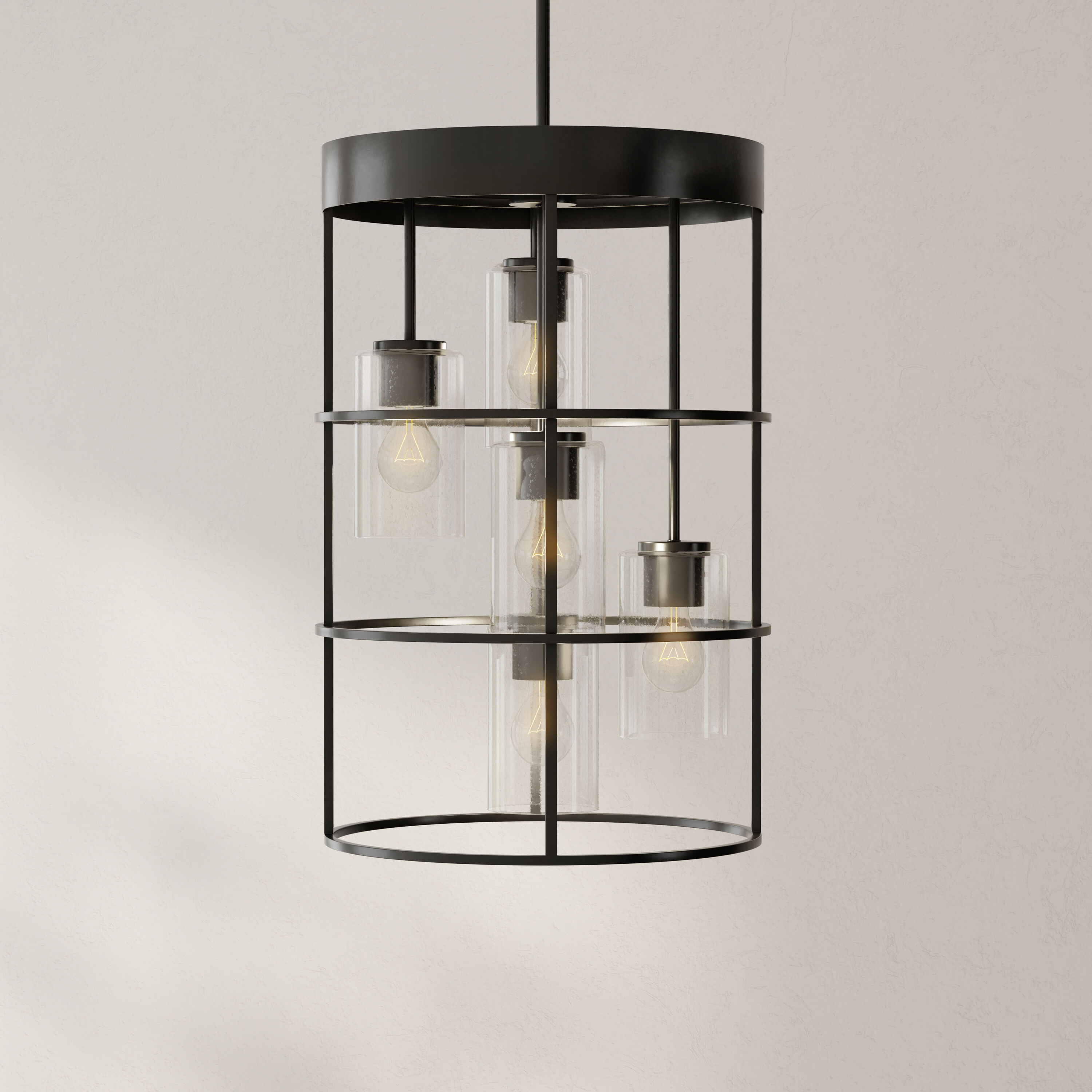 Progress Lighting P500402-31M Burgess 5 -Light Matte Black Rustic Seeded glass Cylinder Medium Hanging Pendant light