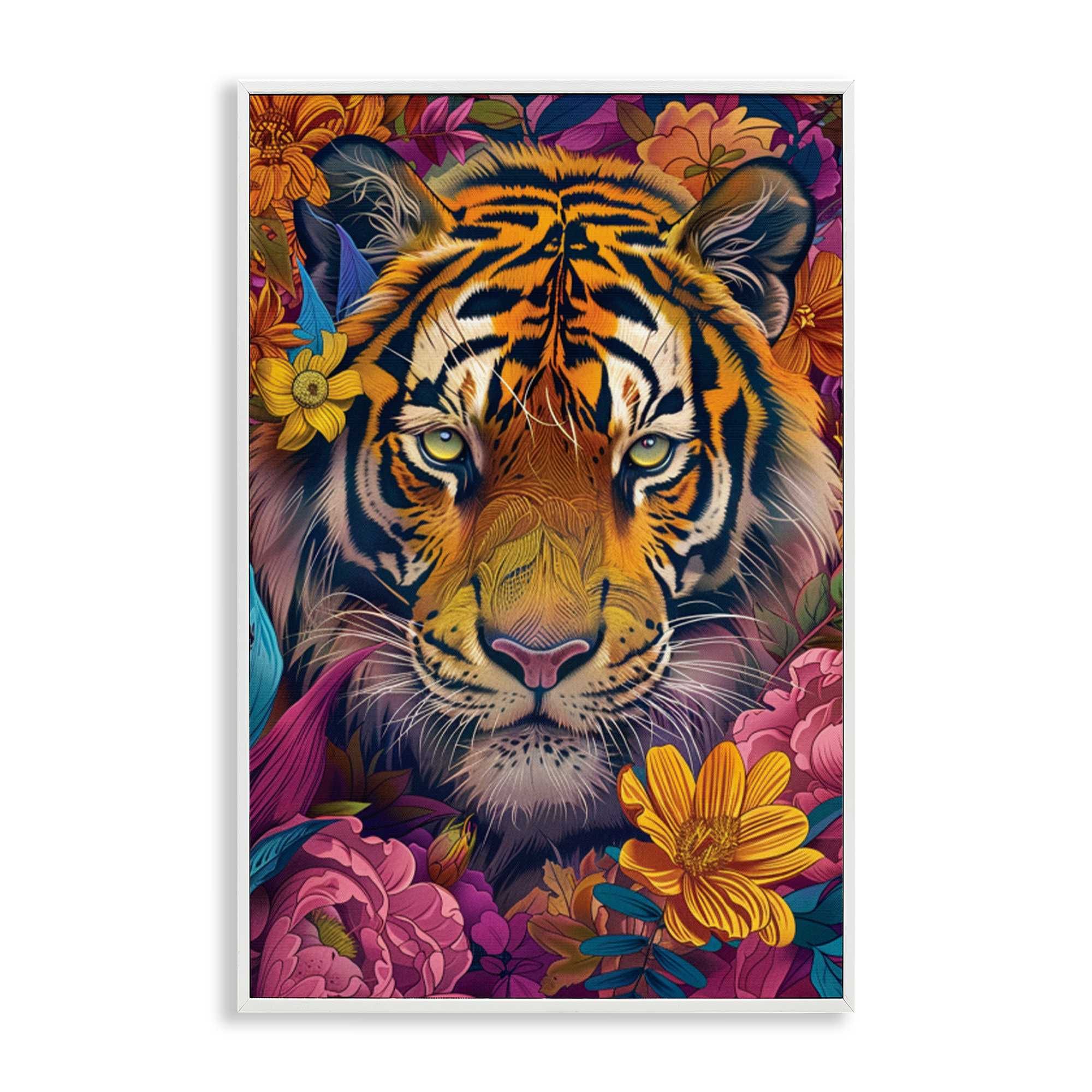 Stupell Industries BT-892-WFR-20X30 Peering Tiger Through Flowers White Framed Giclee Art By LSR Design Studio 20 x 30