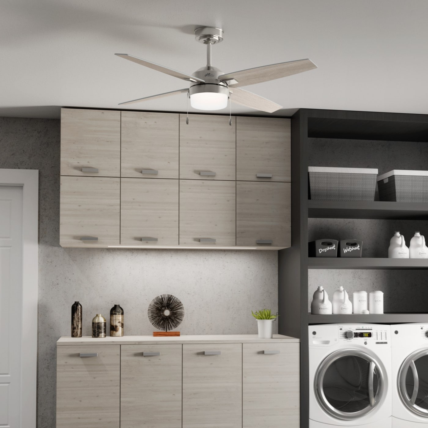 Hunter 50242 Crossfield 54-in Downrod or Flush Mount Brushed Nickel with Light Greyed Oak Blades Ceiling Fan With Light ( 4 -Blade )