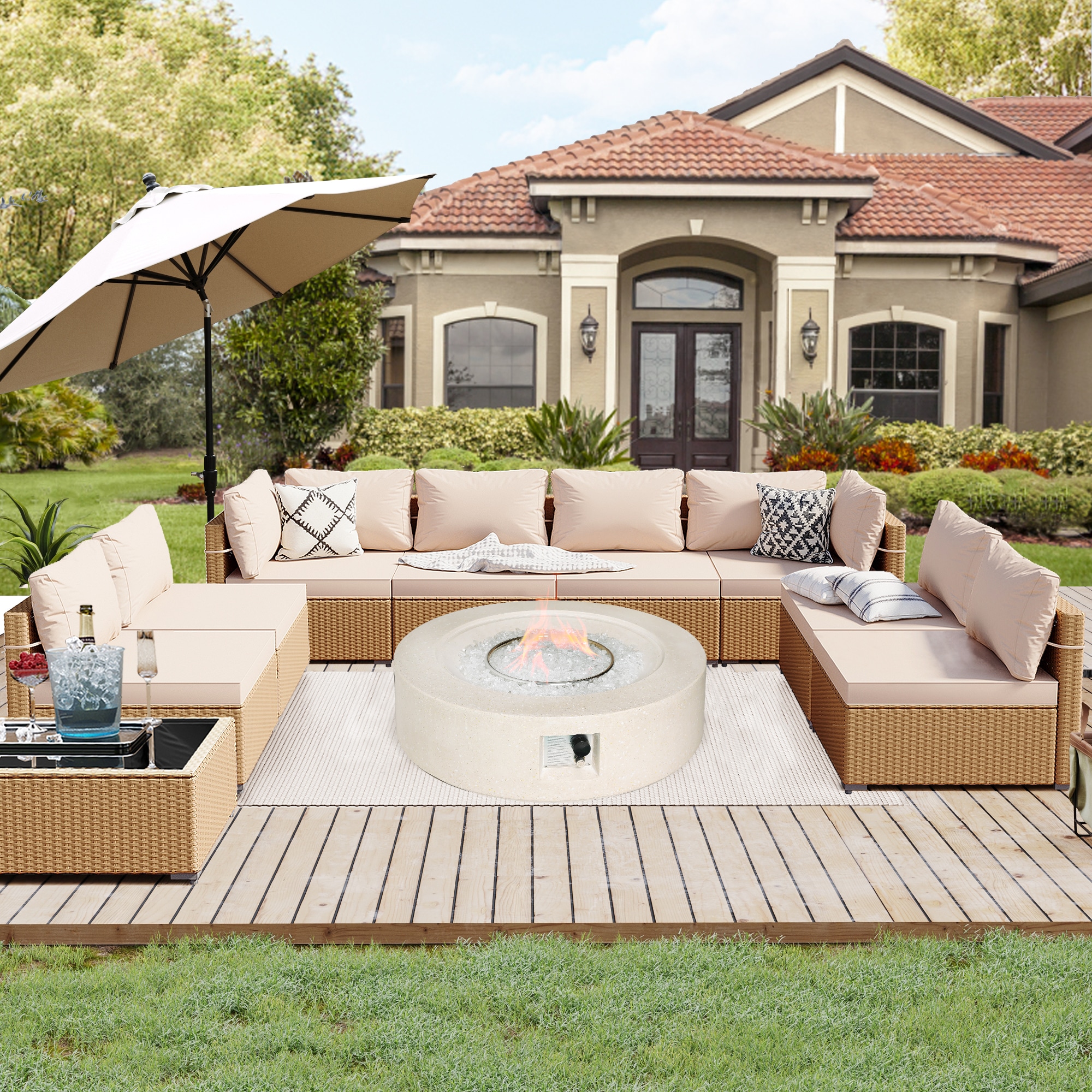 UPHA PL-3CZ-S42MH-H1 10 -Piece Rattan Patio Conversation Set with Off-white Cushions