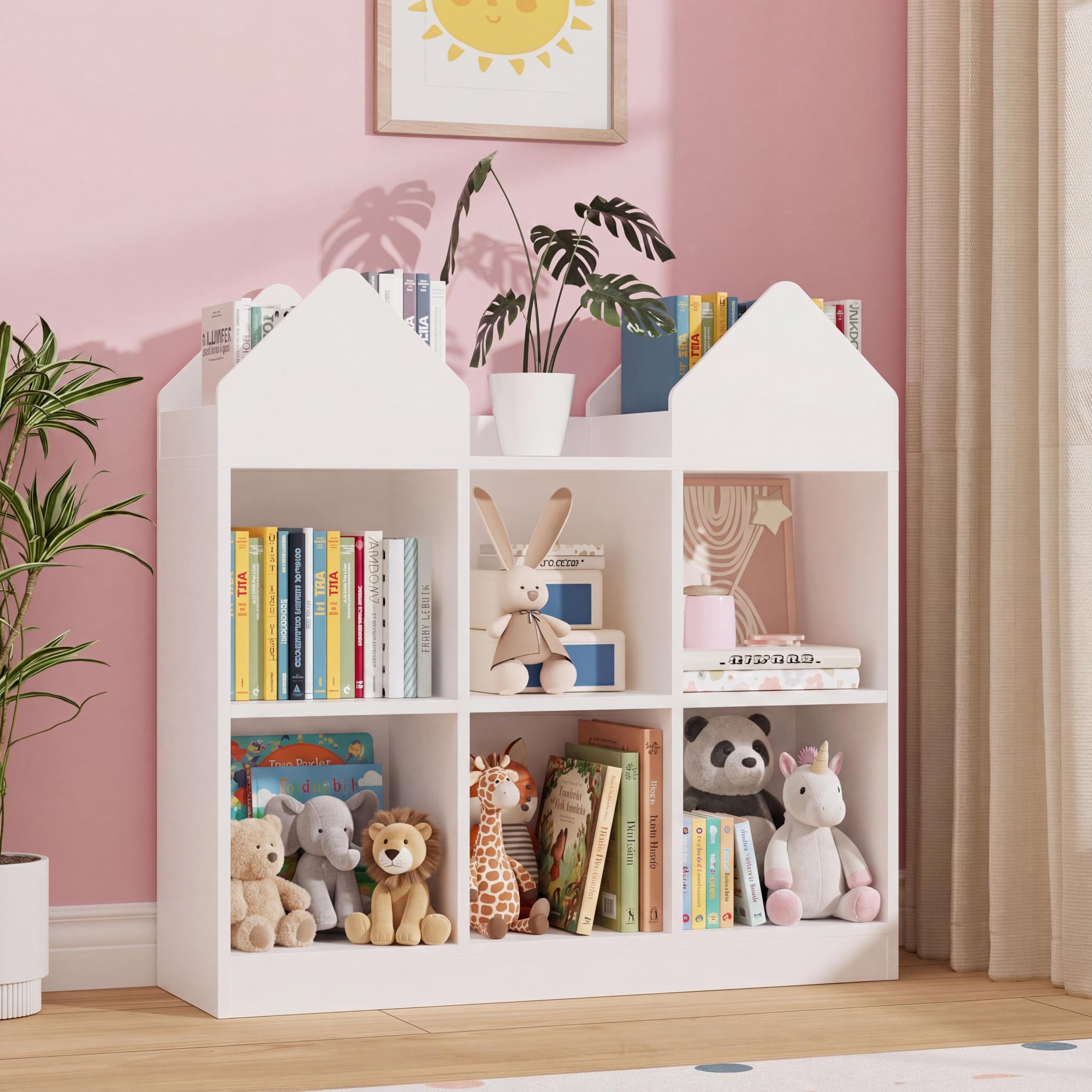 GarveeLife White Castle-Shaped 6-Cubby Storage Bookcase Toy Organizer Open Cubby Bookshelf
