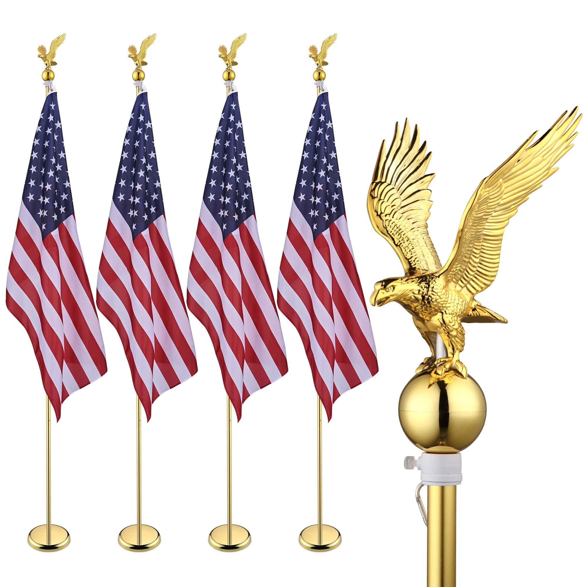 Yescom 22FLP015-8P15-2X2-LO 8 FT Indoor Flag Pole Kit Eagle Topper Aluminum Gold Pole with Base US Flag 4 Pack