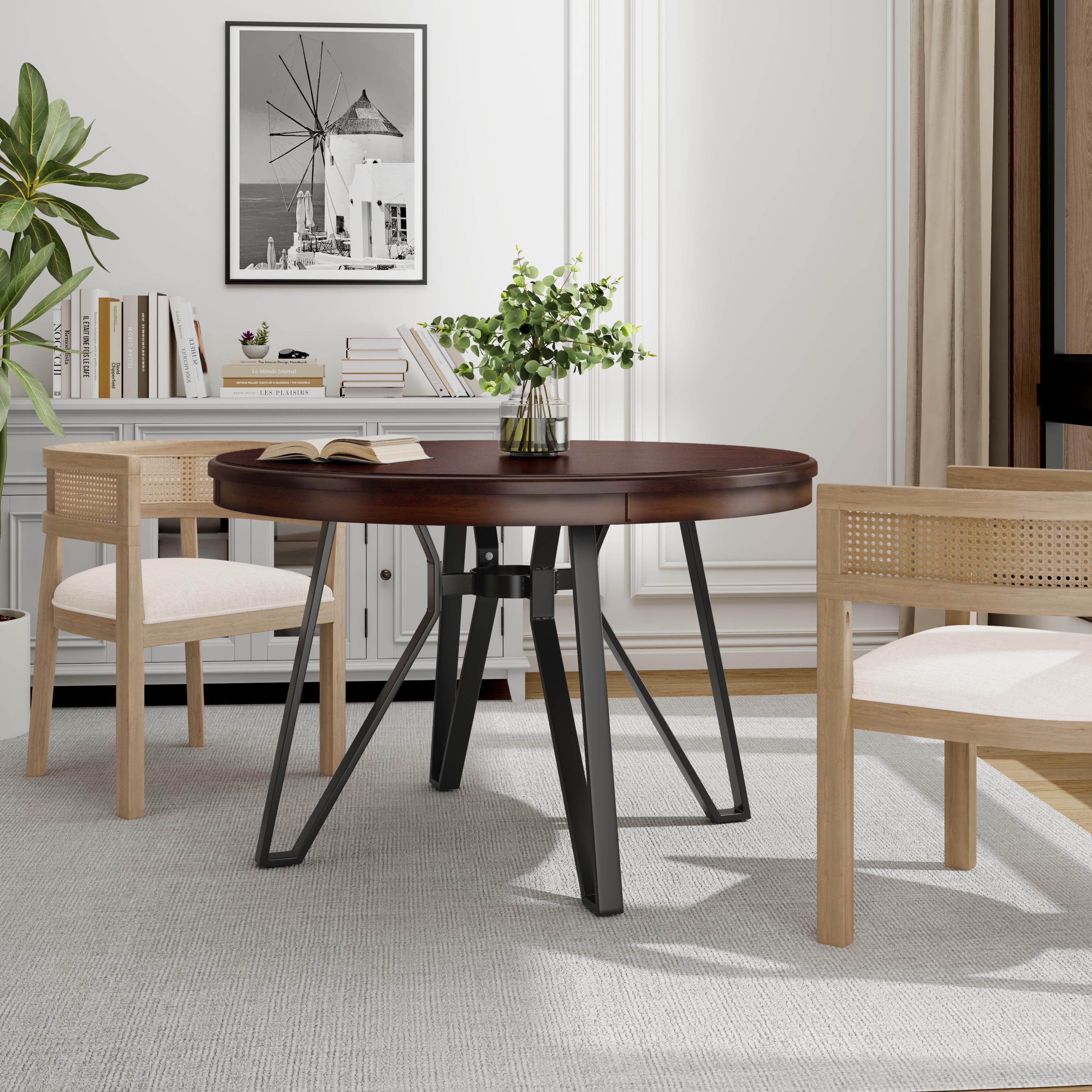 Brown Wood Round Dining Table with Metal Hairpin Legs