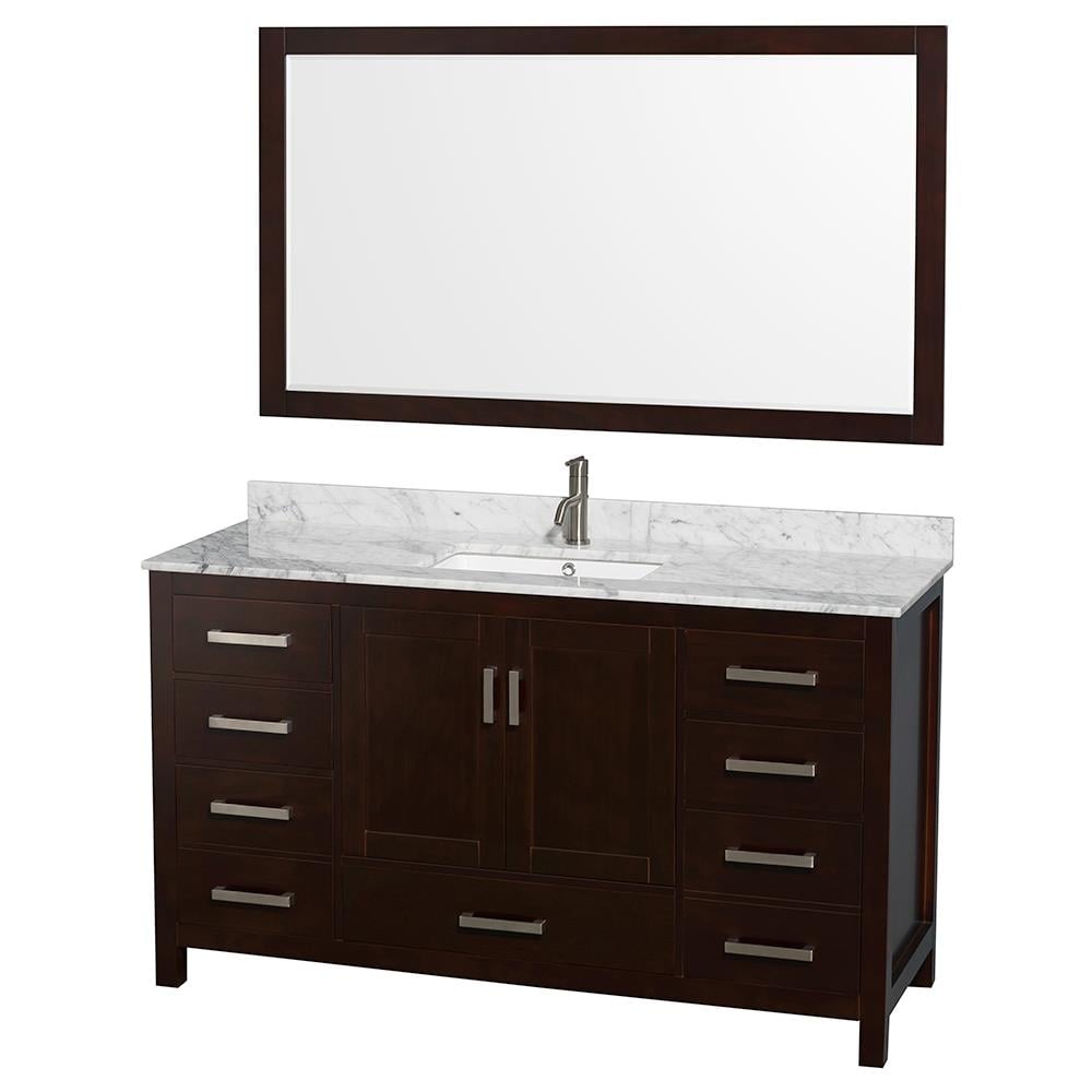 Wyndham Collection WCS141460SESCMUNSM58 Sheffield 60-in Espresso with Brushed Chrome Trim Undermount Single Sink Bathroom Vanity with White Carrera Natural Marble Top (Mirror Included)