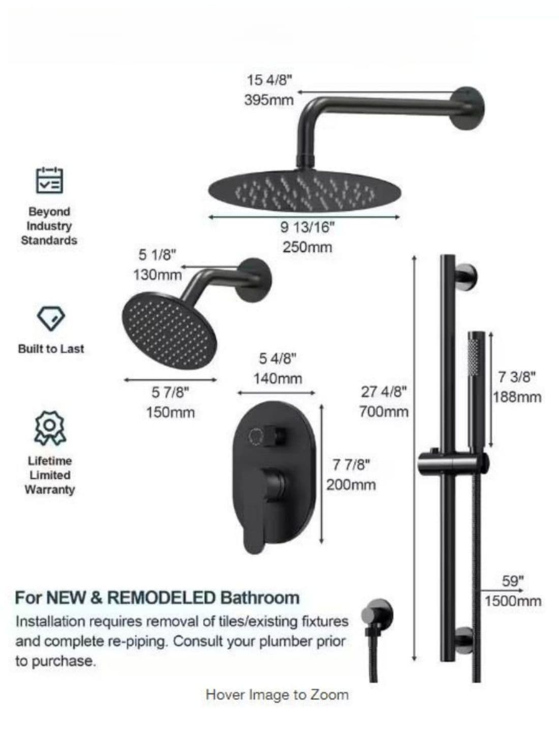 GRANDJOY SFS-1058-BK10 Showerhead-Bar-Panels - View #11