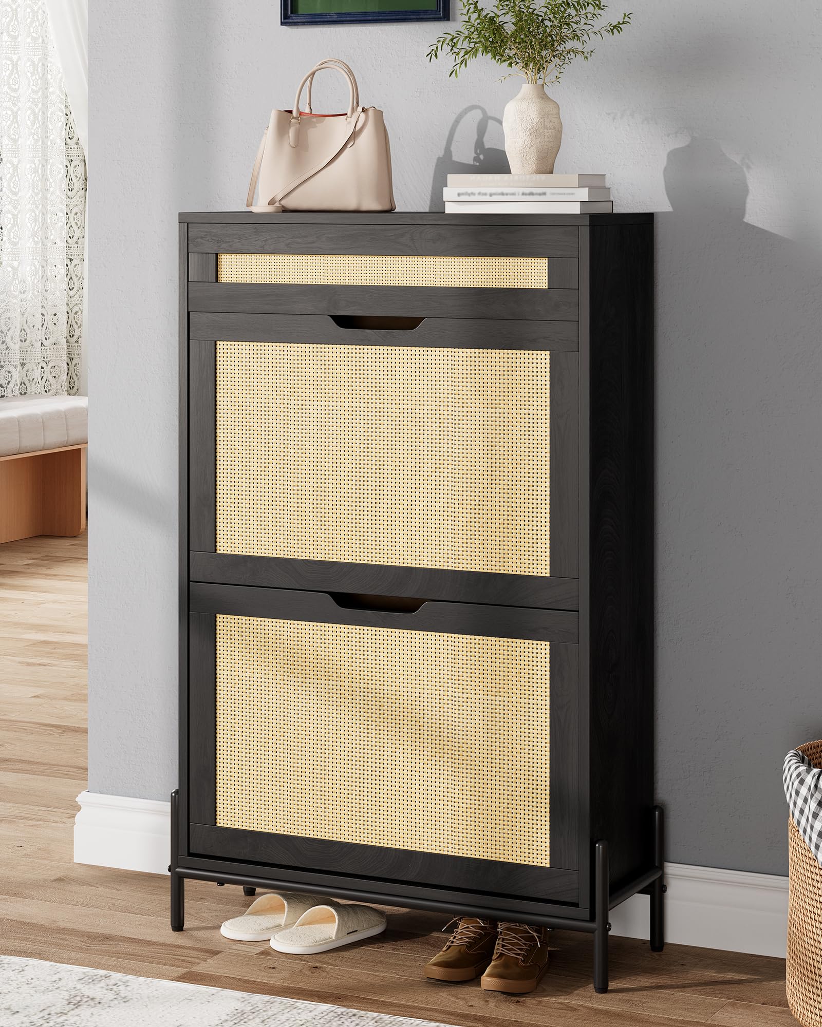 IdealHouse Slim Wooden Entryway Shoe Cabinet with 2 Flip Drawers 1 Slide Drawer Freestanding Shoe Storage Organizer with Rattan Panels Adjustable Shelves Modern Closed Shoe Rack for Hallway Foyer Small Apartment Black