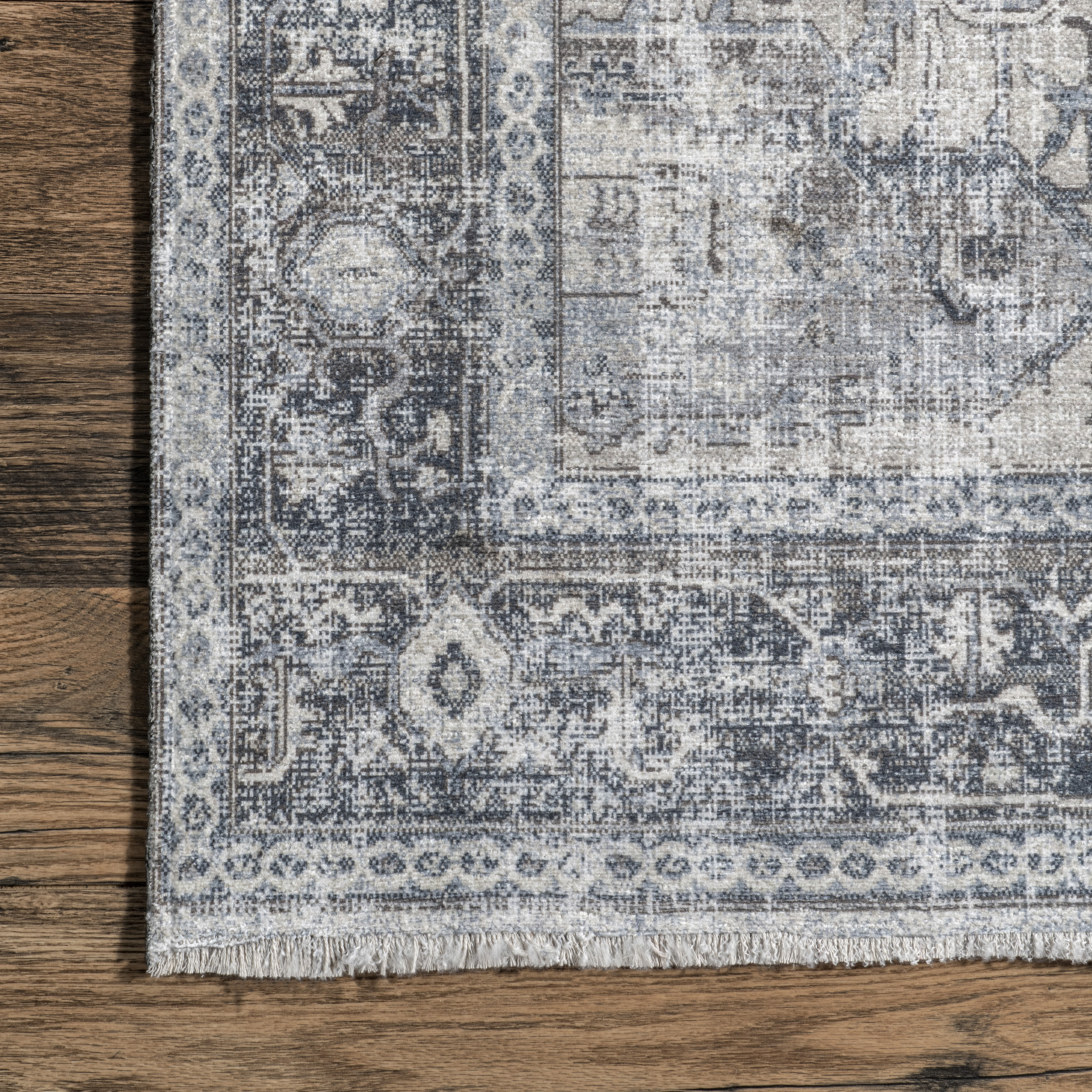 Light Gray Synthetic Washable Rectangular Area Rug with Fringed Ends