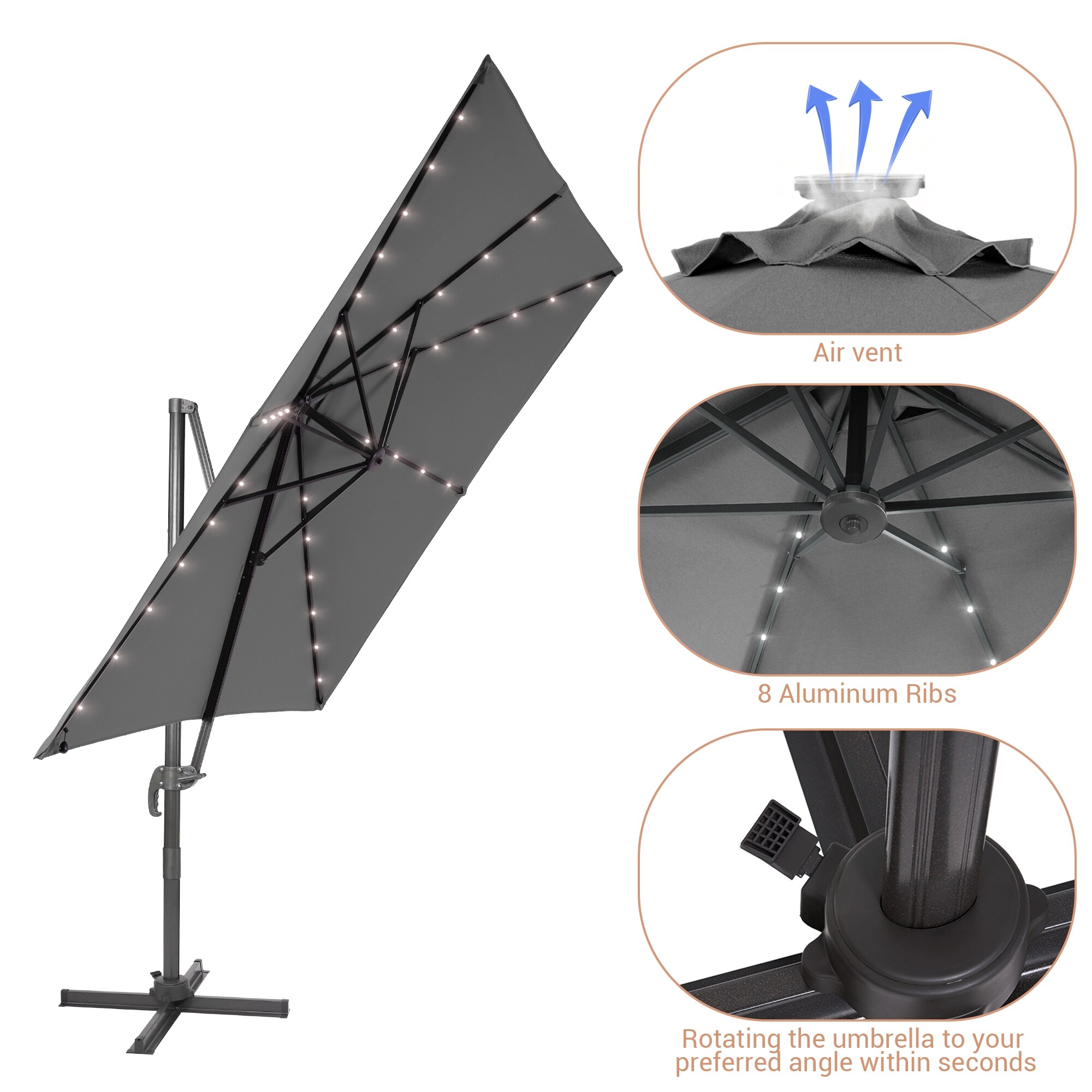 ACEGOSES 9-ft Aluminum Square No-tilt Cantilever Patio Umbrella with ...