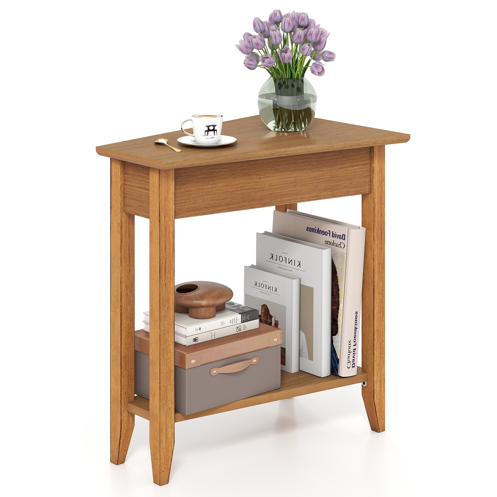 Volenca - 24-in 2-Tier Wedge Narrow End Table with Storage Shelf and Solid Rubber Wood Legs 245-l...
