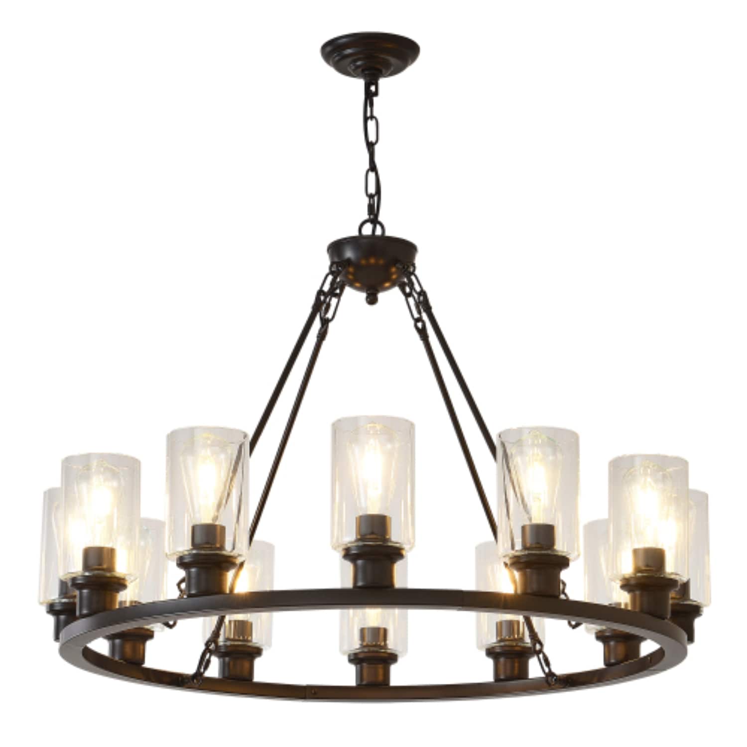 ZHLLMQ 12-Light Matte Black Industrial Clear Glass Wagon Wheel Metal Chandelier