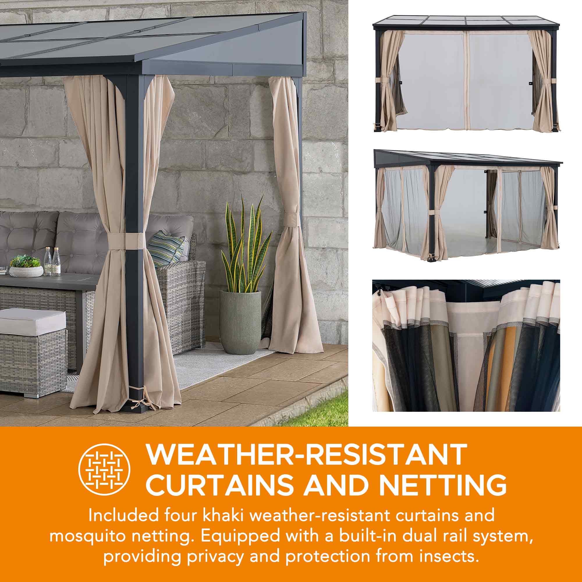 Sunjoy 10 x 12 ft Black Aluminum Wall-Mounted Gazebo with Curtains